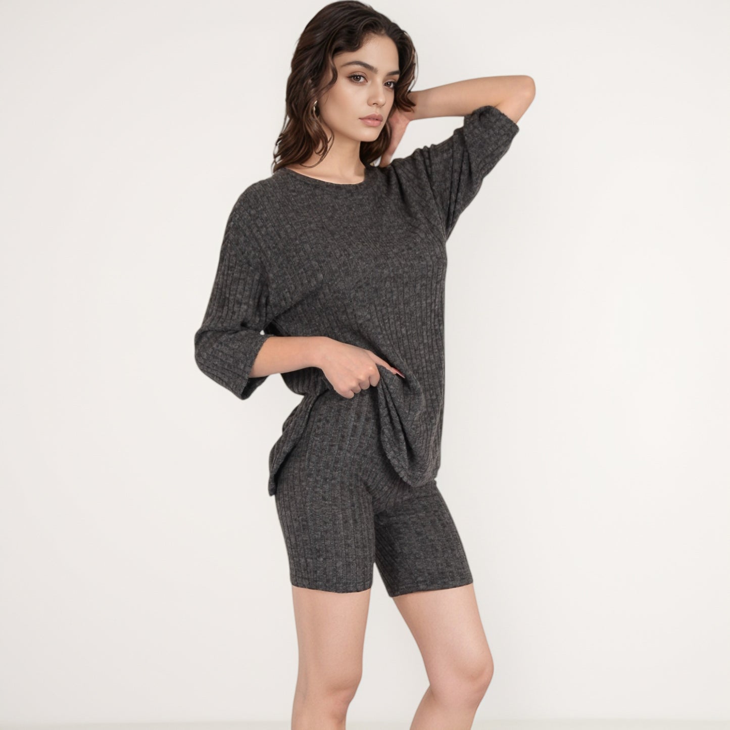 Anna-Kaci Women's Ribbed Knit Lounge Set with 3/4 Sleeve Top and Fitted Shorts