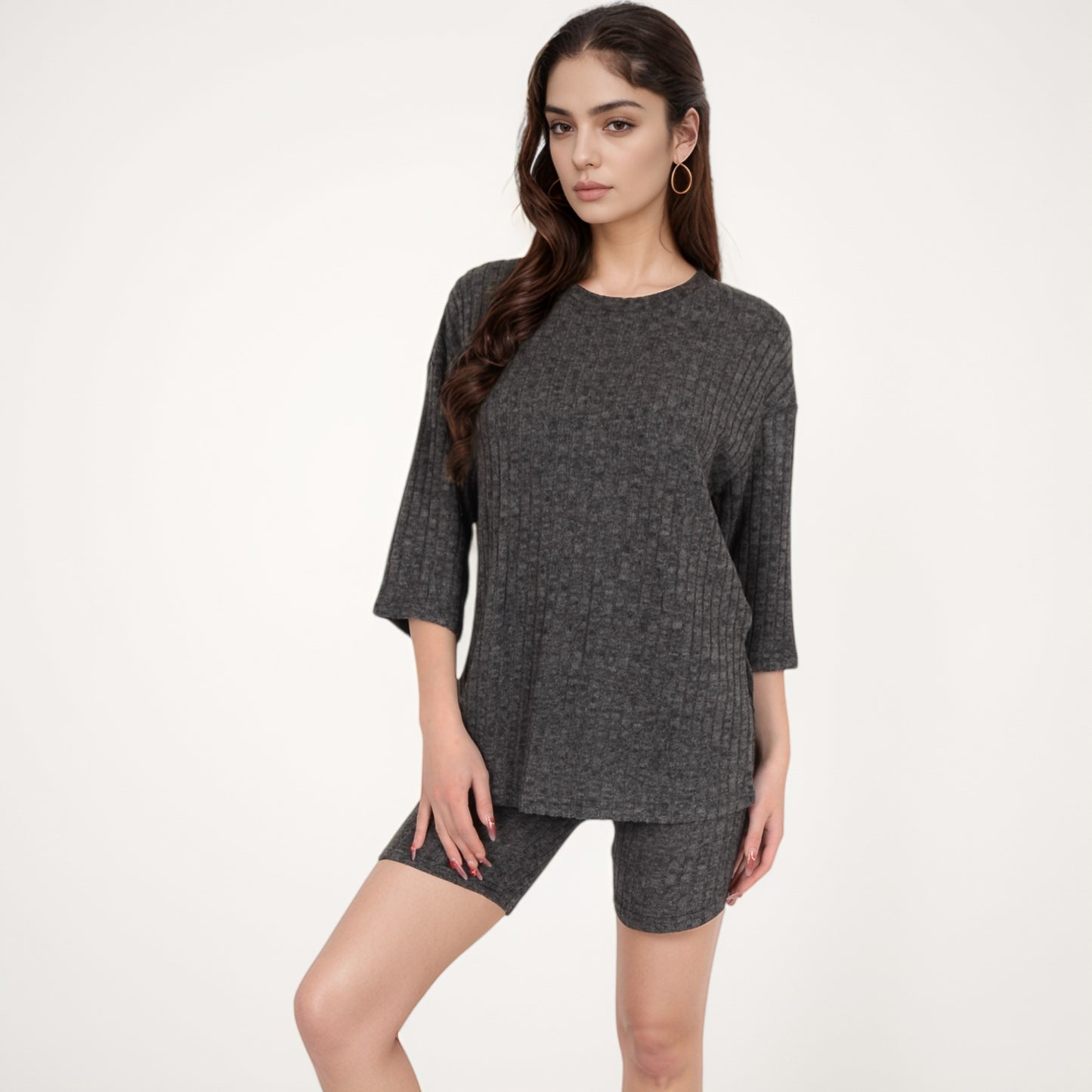 Anna-Kaci Women's Ribbed Knit Lounge Set with 3/4 Sleeve Top and Fitted Shorts