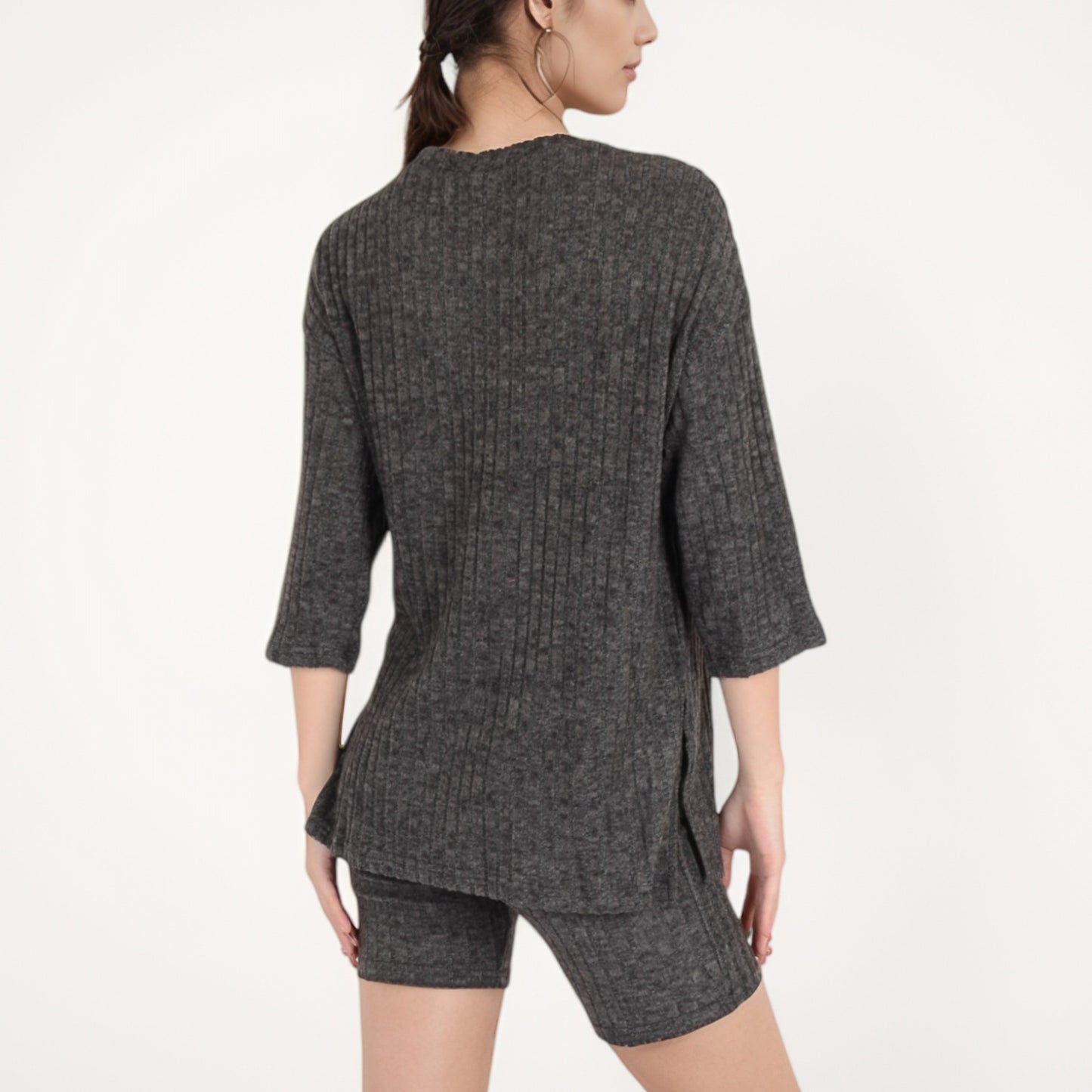 Anna-Kaci Women's Ribbed Knit Lounge Set with 3/4 Sleeve Top and Fitted Shorts