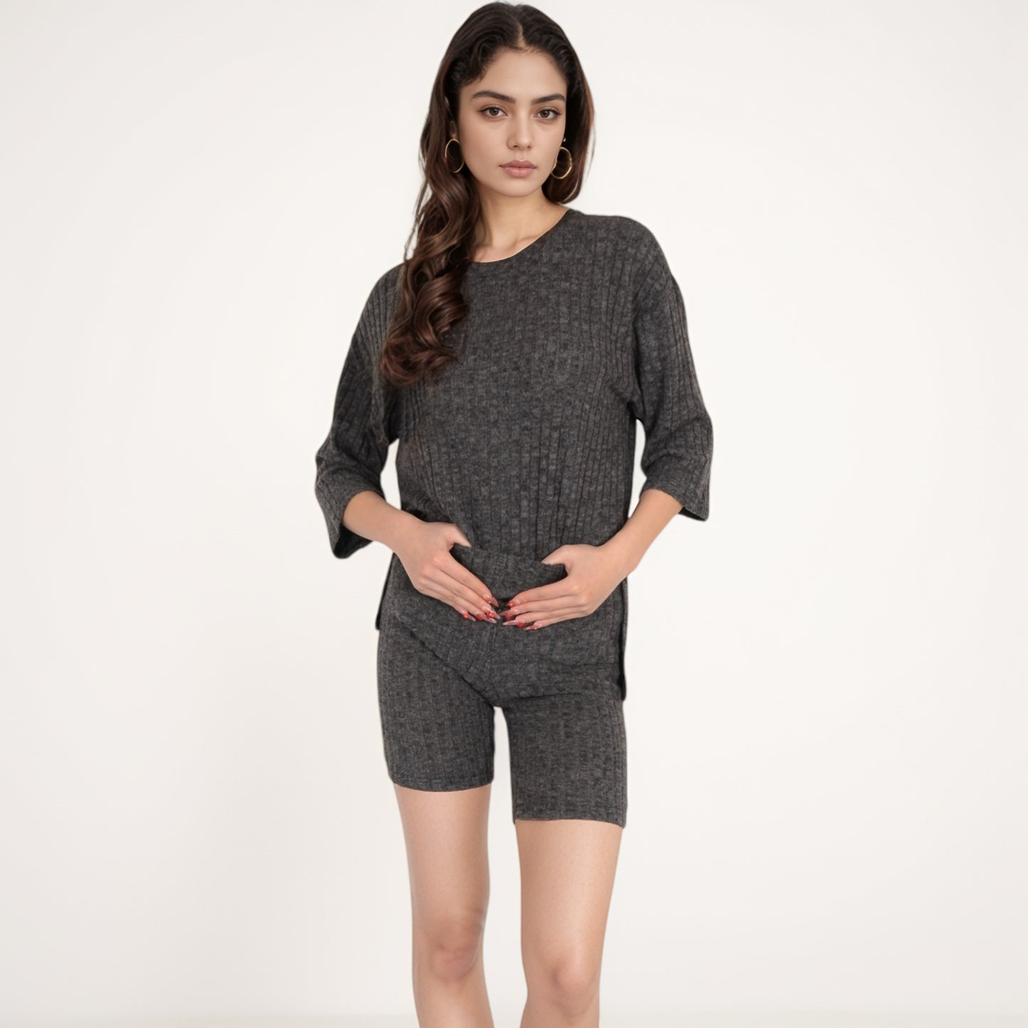 Anna-Kaci Women's Ribbed Knit Lounge Set with 3/4 Sleeve Top and Fitted Shorts