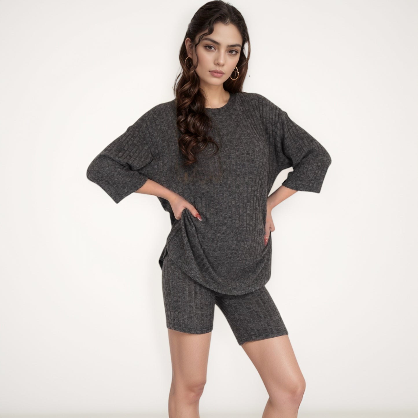 Anna-Kaci Women's Ribbed Knit Lounge Set with 3/4 Sleeve Top and Fitted Shorts