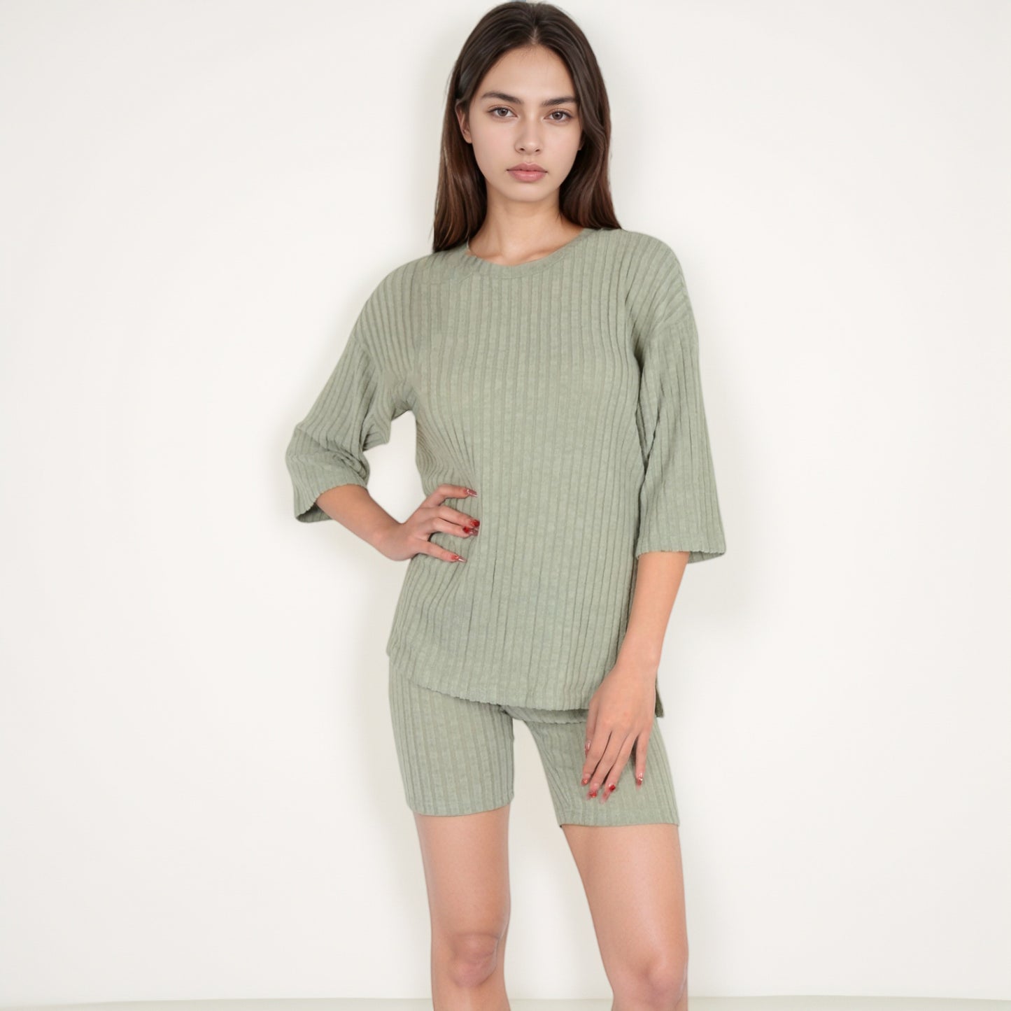 Anna-Kaci Women's Ribbed Knit Lounge Set with 3/4 Sleeve Top and Fitted Shorts