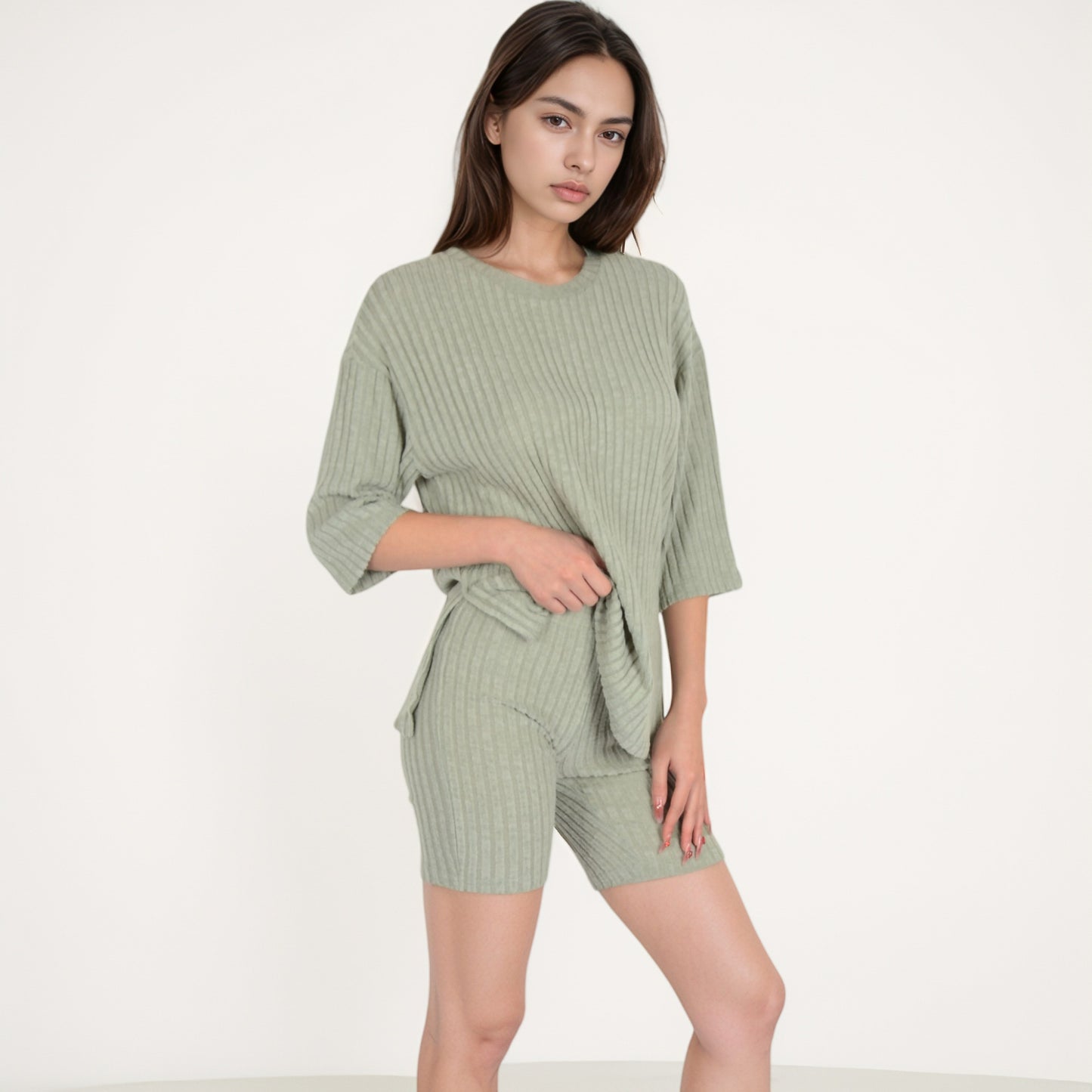 Anna-Kaci Women's Ribbed Knit Lounge Set with 3/4 Sleeve Top and Fitted Shorts