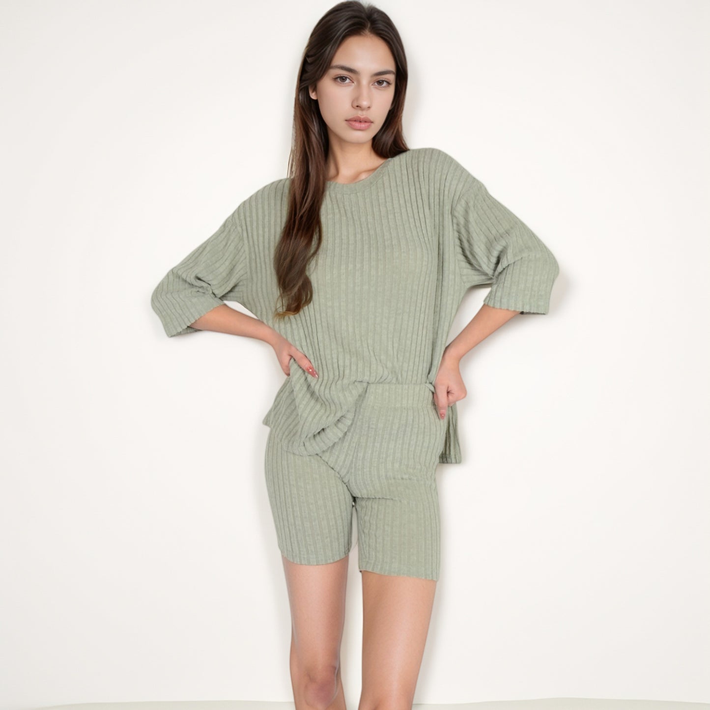 Anna-Kaci Women's Ribbed Knit Lounge Set with 3/4 Sleeve Top and Fitted Shorts