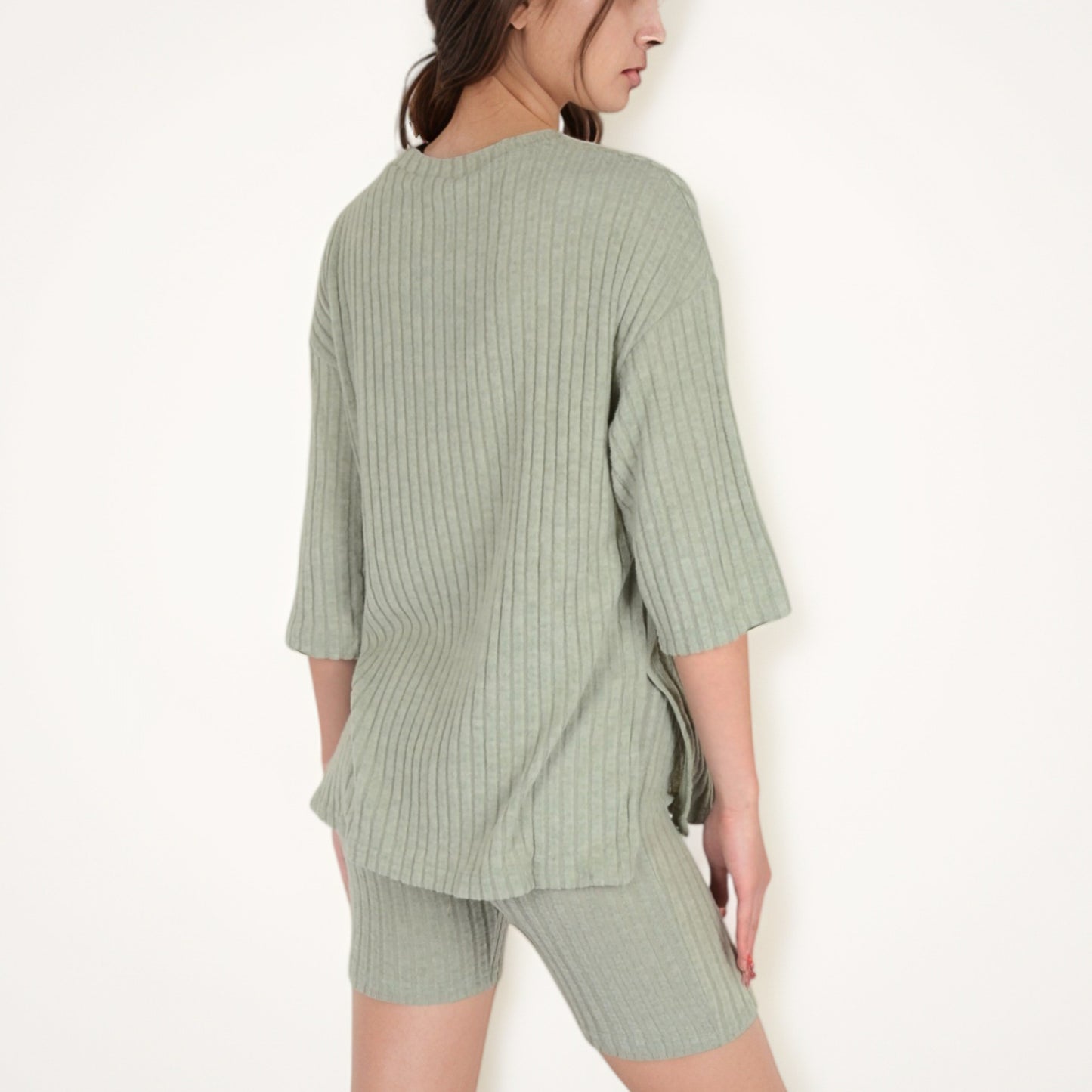 Anna-Kaci Women's Ribbed Knit Lounge Set with 3/4 Sleeve Top and Fitted Shorts