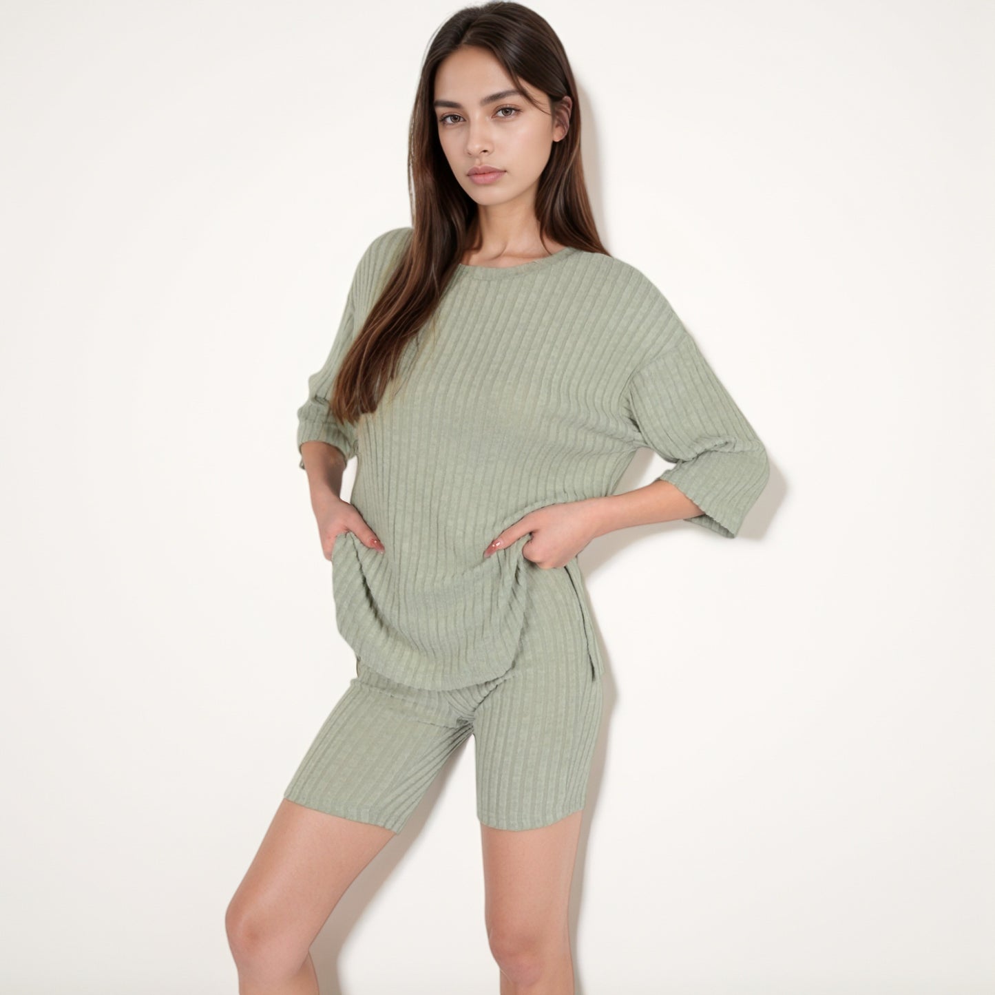 Anna-Kaci Women's Ribbed Knit Lounge Set with 3/4 Sleeve Top and Fitted Shorts