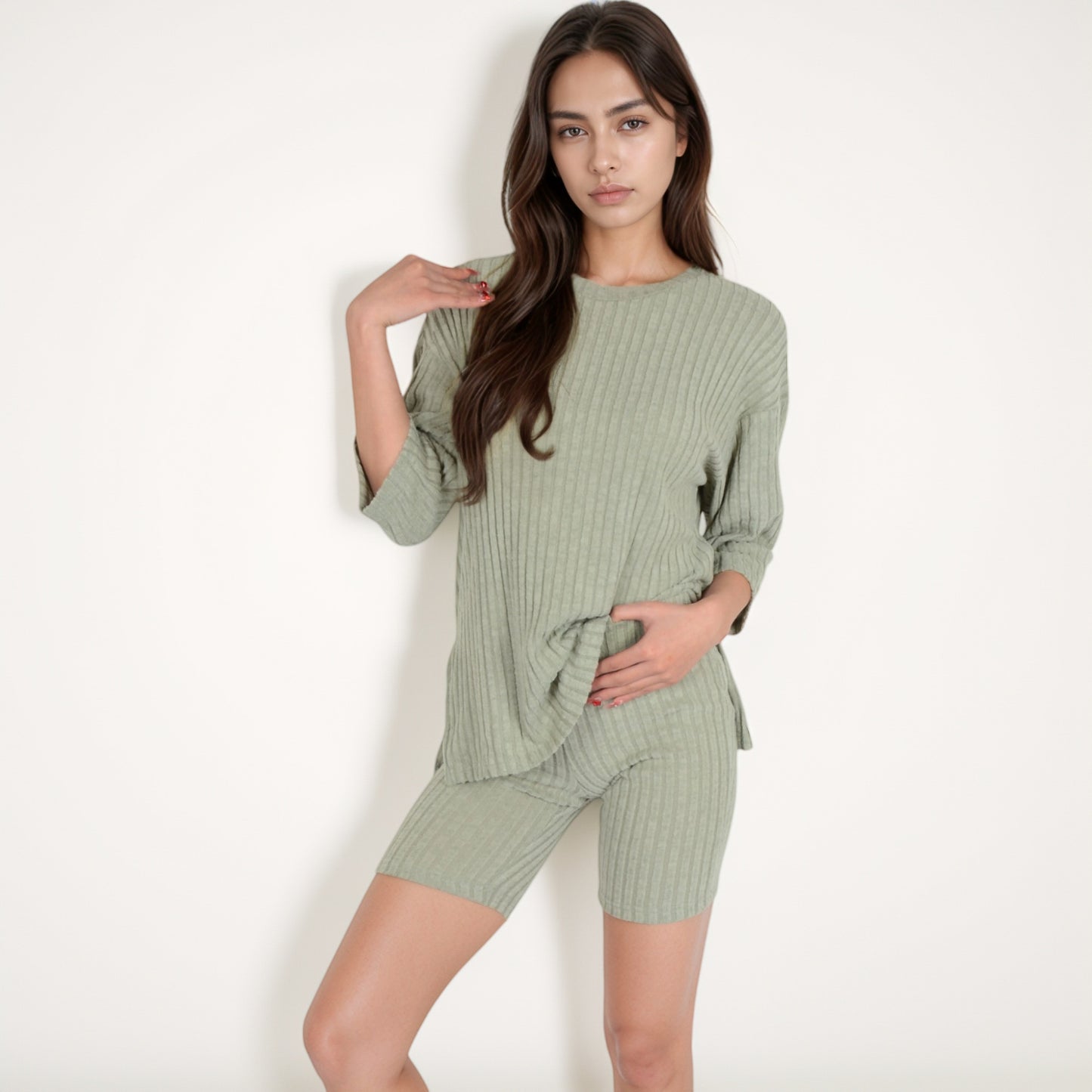 Anna-Kaci Women's Ribbed Knit Lounge Set with 3/4 Sleeve Top and Fitted Shorts