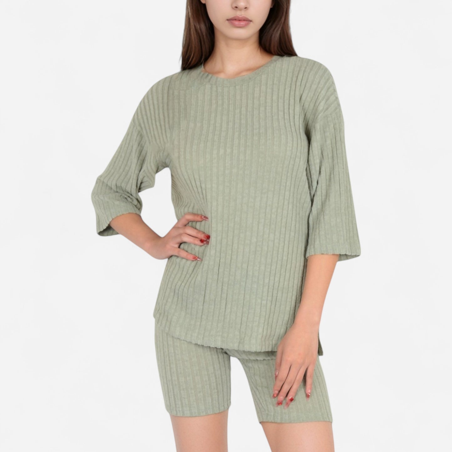 Anna-Kaci Women's Ribbed Knit Lounge Set with 3/4 Sleeve Top and Fitted Shorts