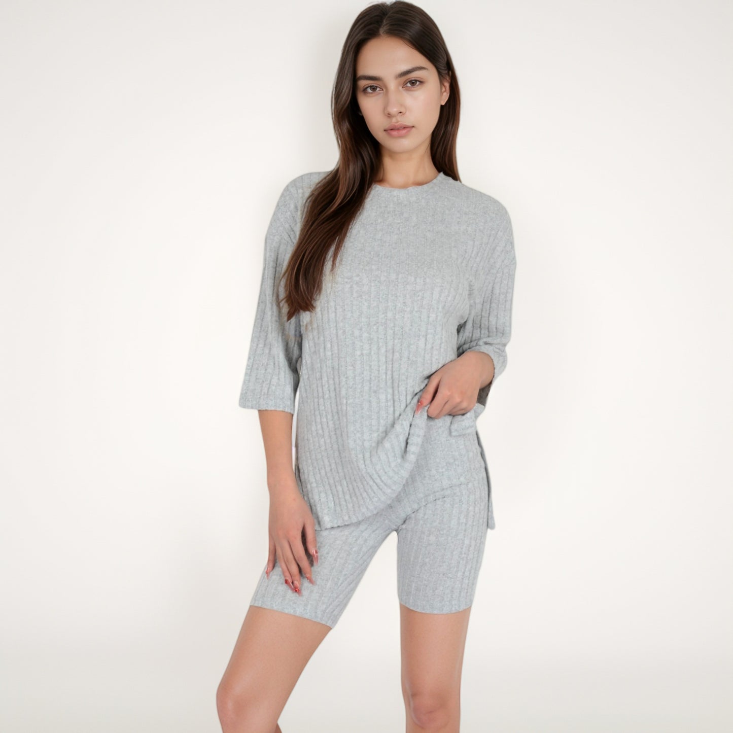Anna-Kaci Women's Ribbed Knit Lounge Set with 3/4 Sleeve Top and Fitted Shorts