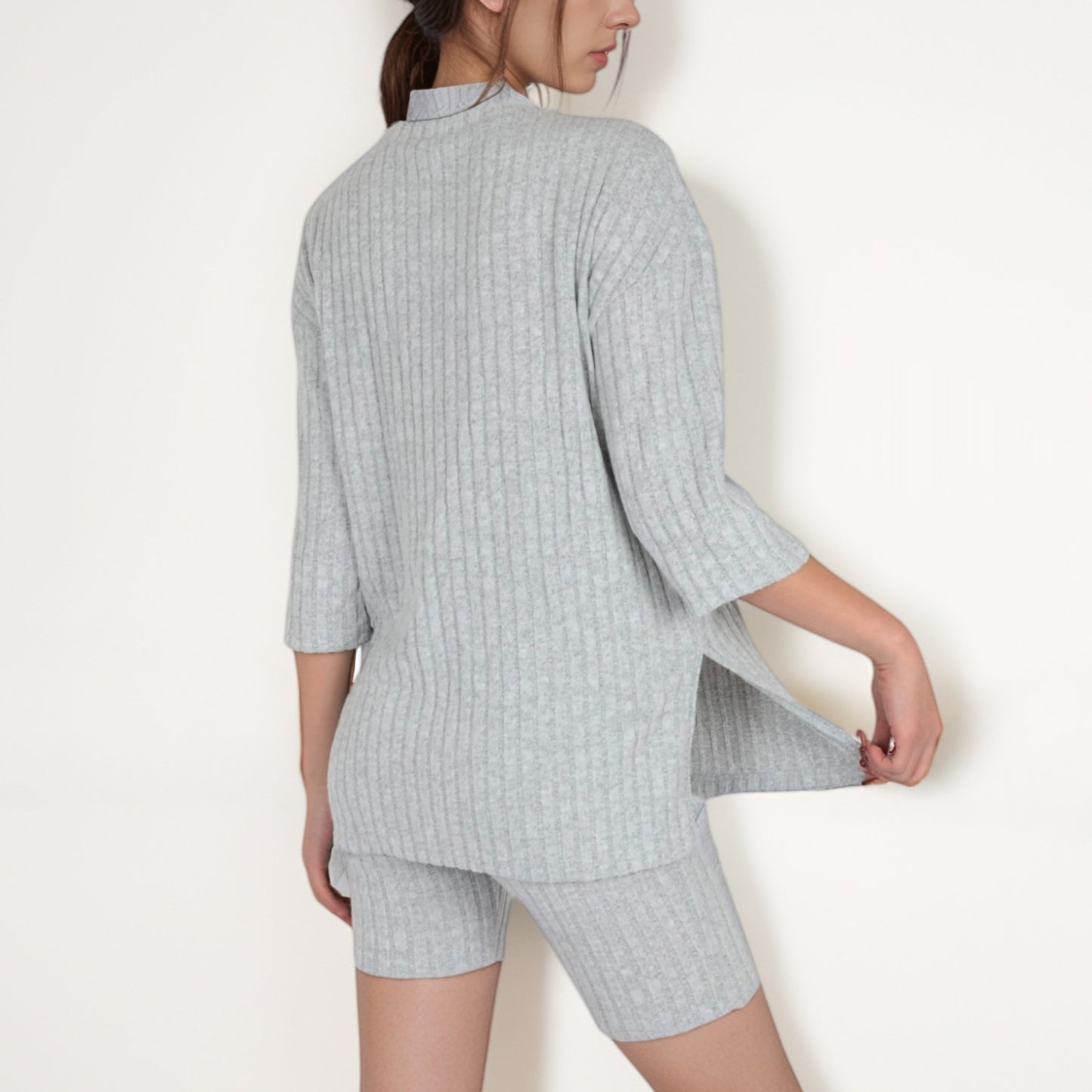 Anna-Kaci Women's Ribbed Knit Lounge Set with 3/4 Sleeve Top and Fitted Shorts