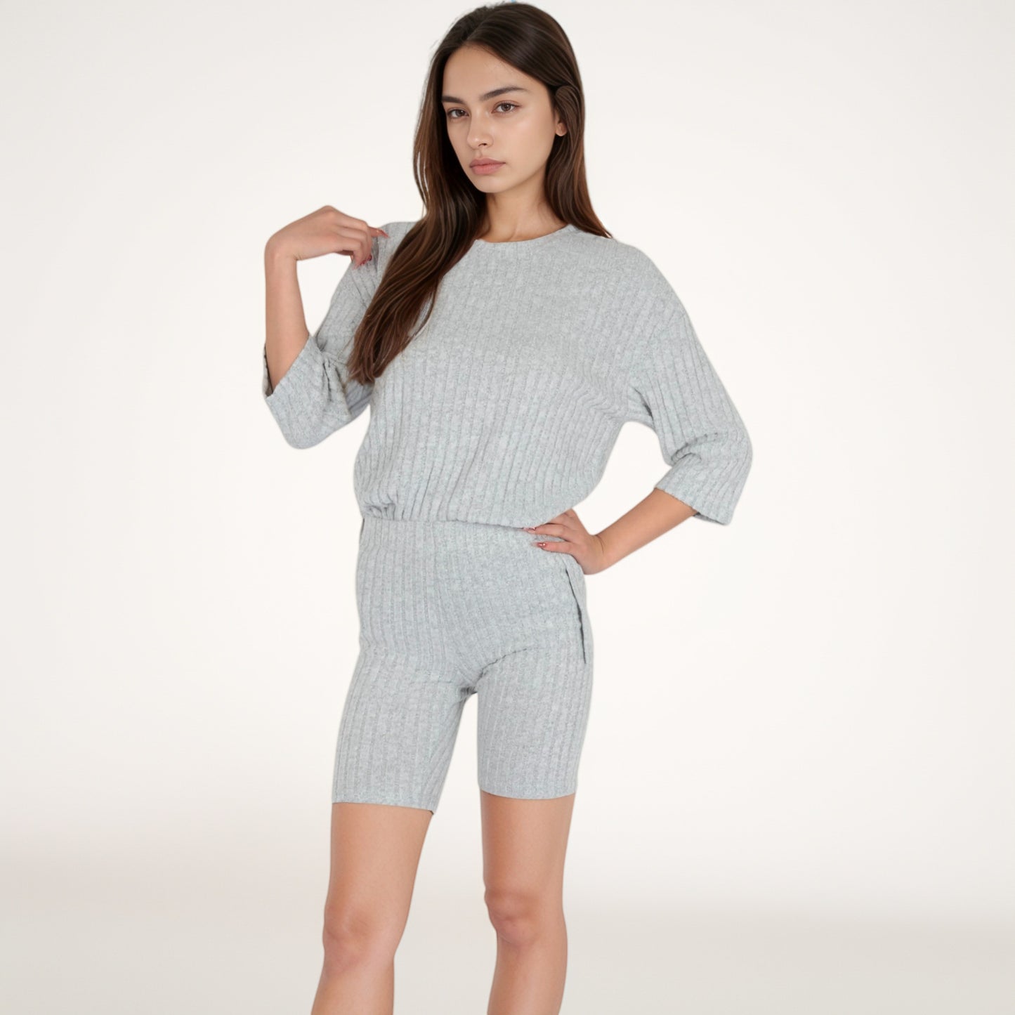 Anna-Kaci Women's Ribbed Knit Lounge Set with 3/4 Sleeve Top and Fitted Shorts