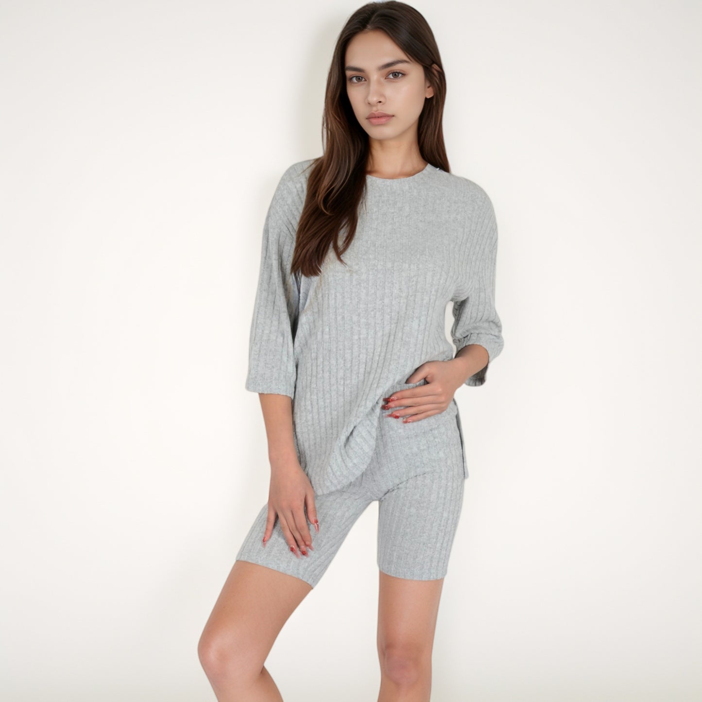 Anna-Kaci Women's Ribbed Knit Lounge Set with 3/4 Sleeve Top and Fitted Shorts
