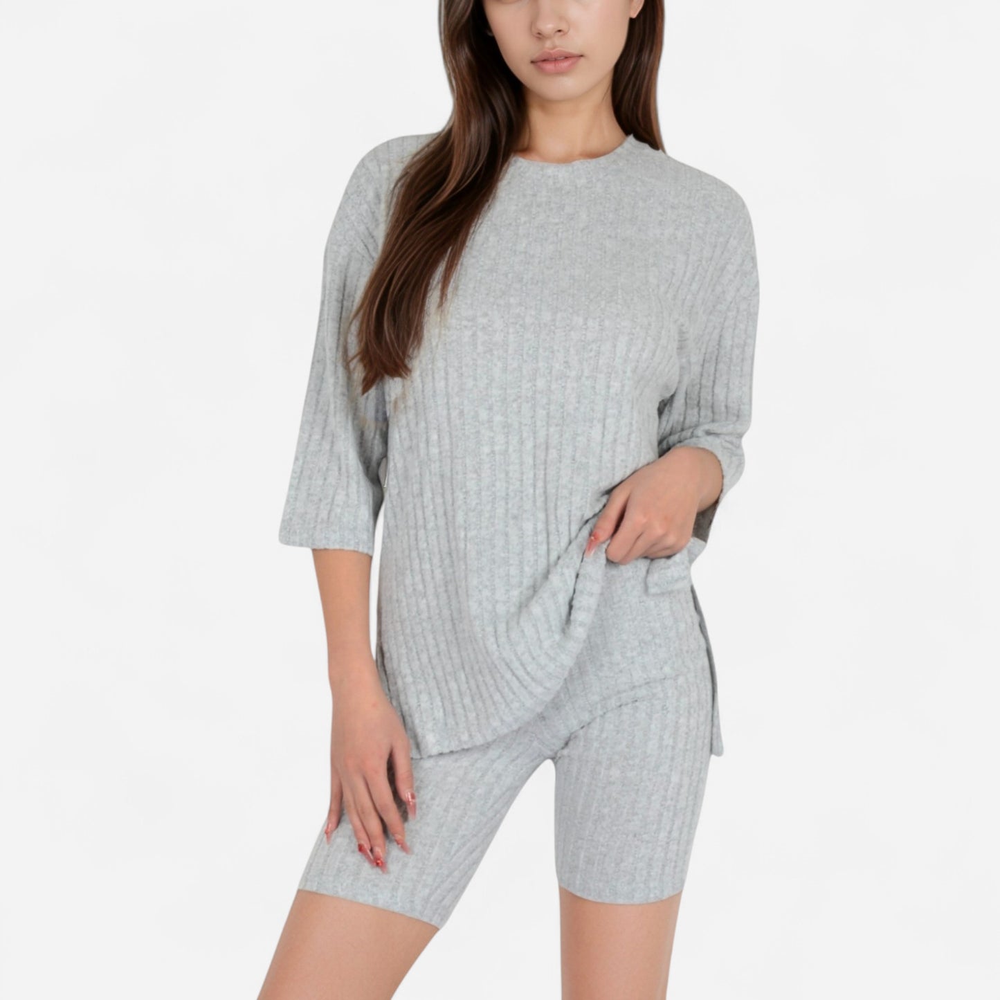 Anna-Kaci Women's Ribbed Knit Lounge Set with 3/4 Sleeve Top and Fitted Shorts