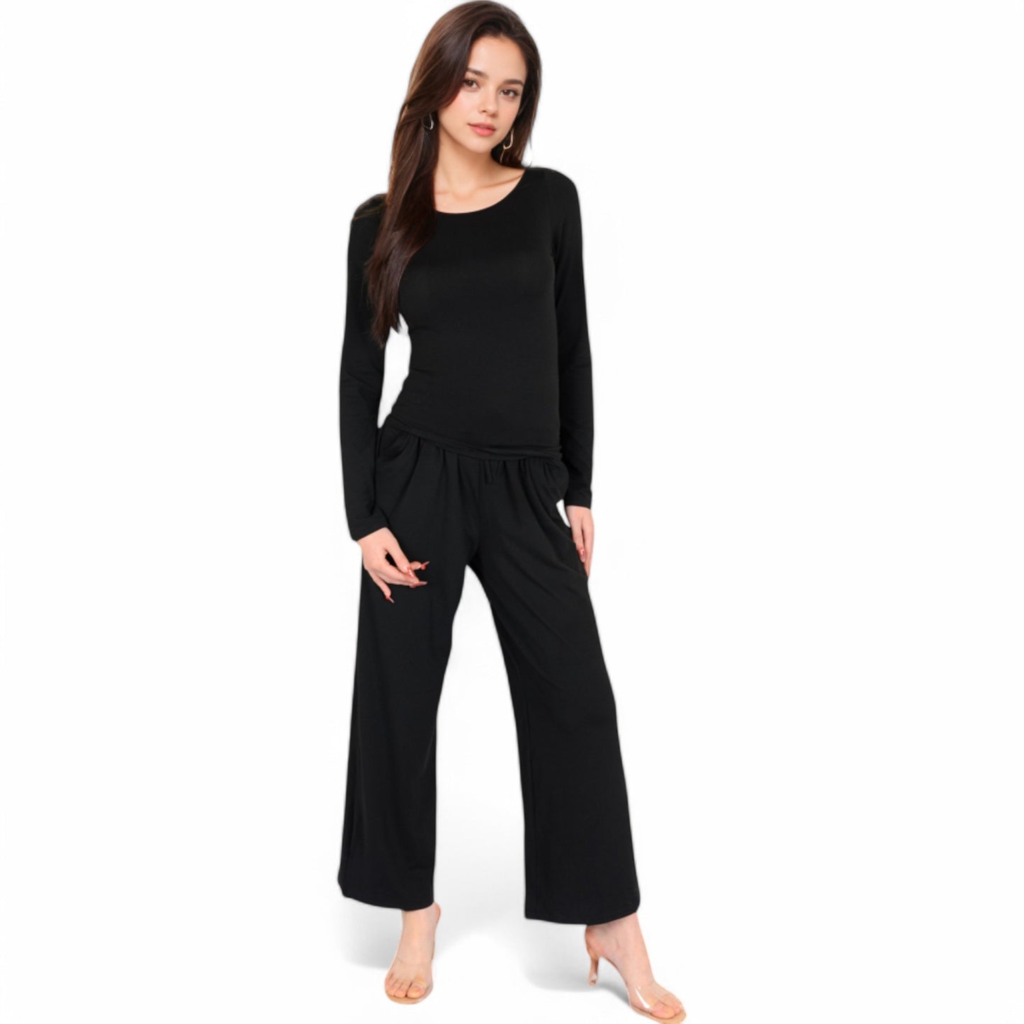 Anna-Kaci Women's Wide-Leg Lounge Set with Elastic Waist and Drawstring Closure- Black,Small