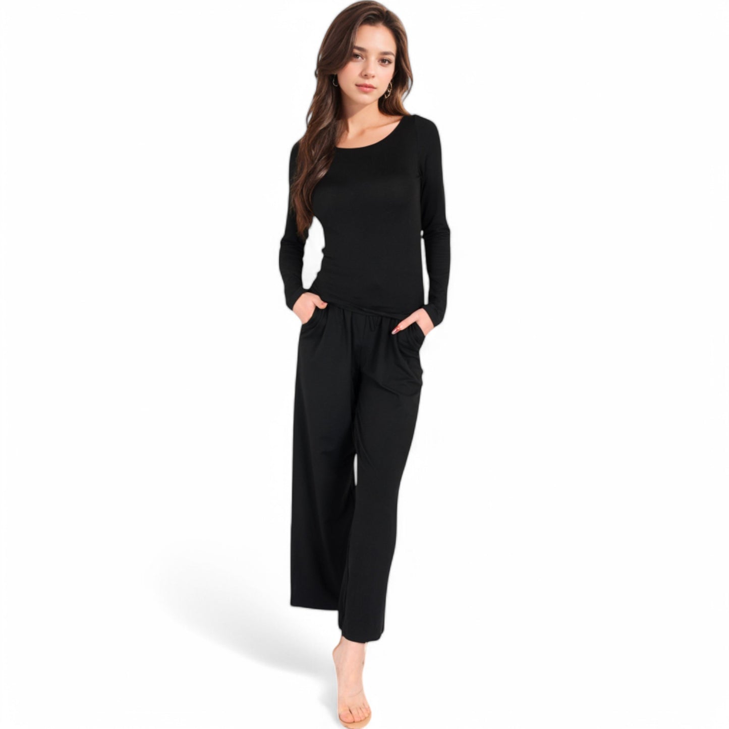 Anna-Kaci Women's Wide-Leg Lounge Set with Elastic Waist and Drawstring Closure- Black,Small