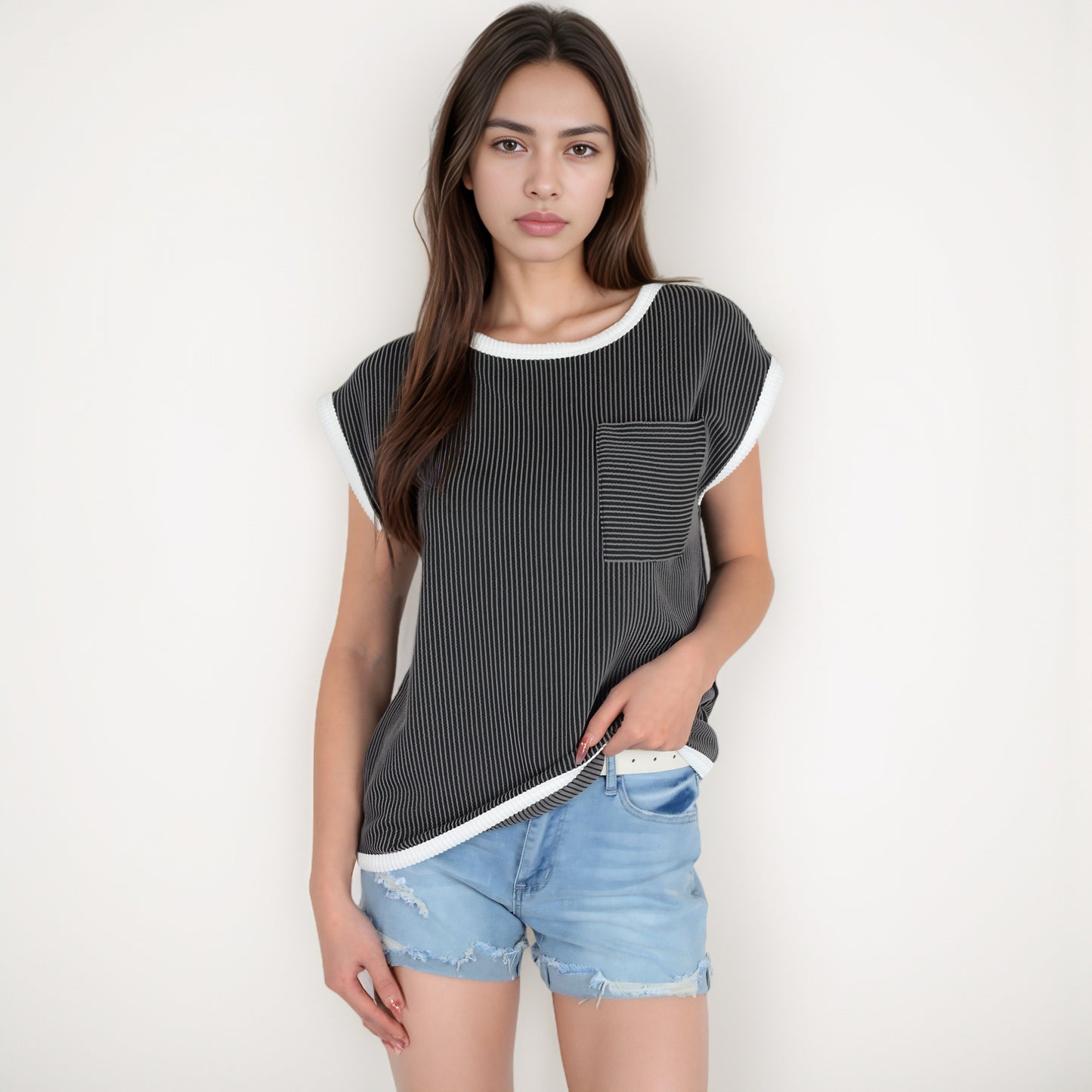 Anna-Kaci Women's Sleeveless Striped Knit Top with Contrast Trim and Chest Pocket Detail