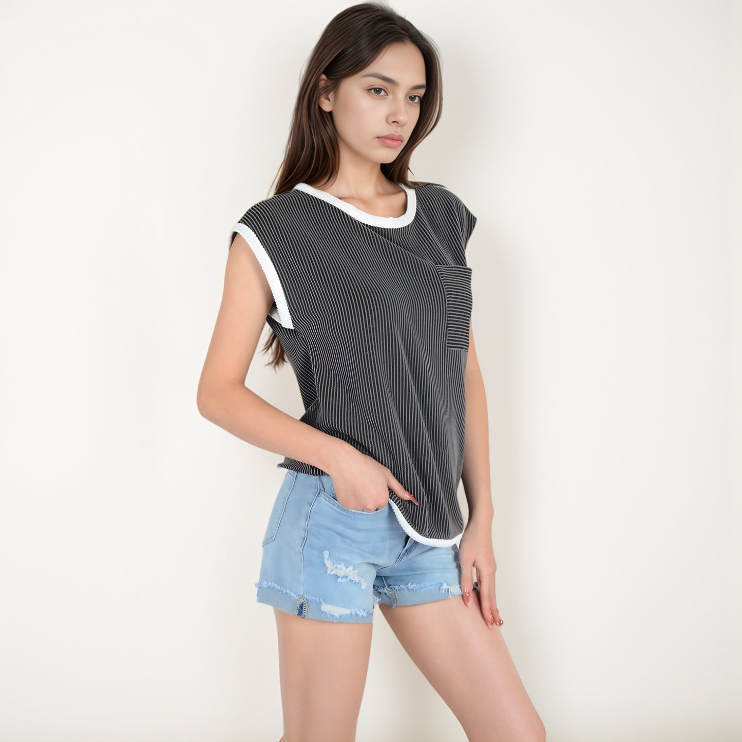 Anna-Kaci Women's Sleeveless Striped Knit Top with Contrast Trim and Chest Pocket Detail