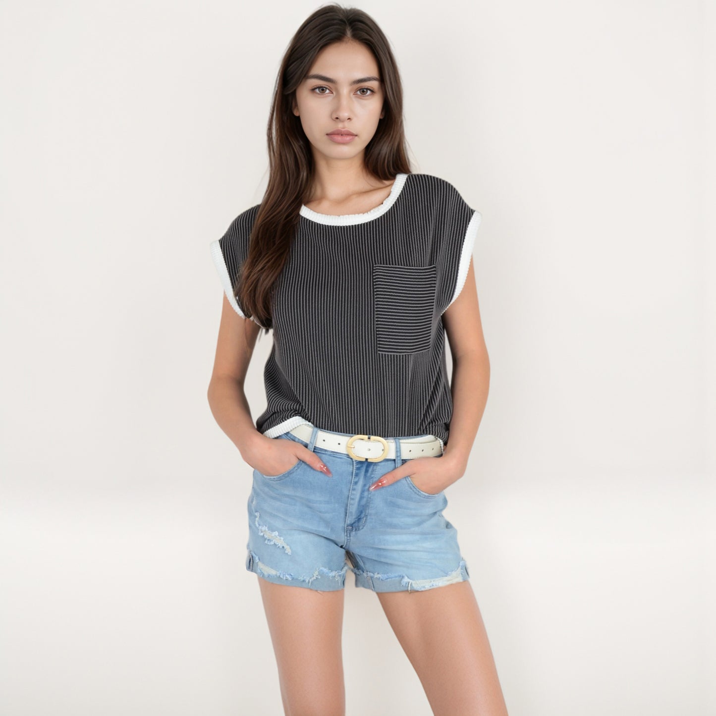 Anna-Kaci Women's Sleeveless Striped Knit Top with Contrast Trim and Chest Pocket Detail