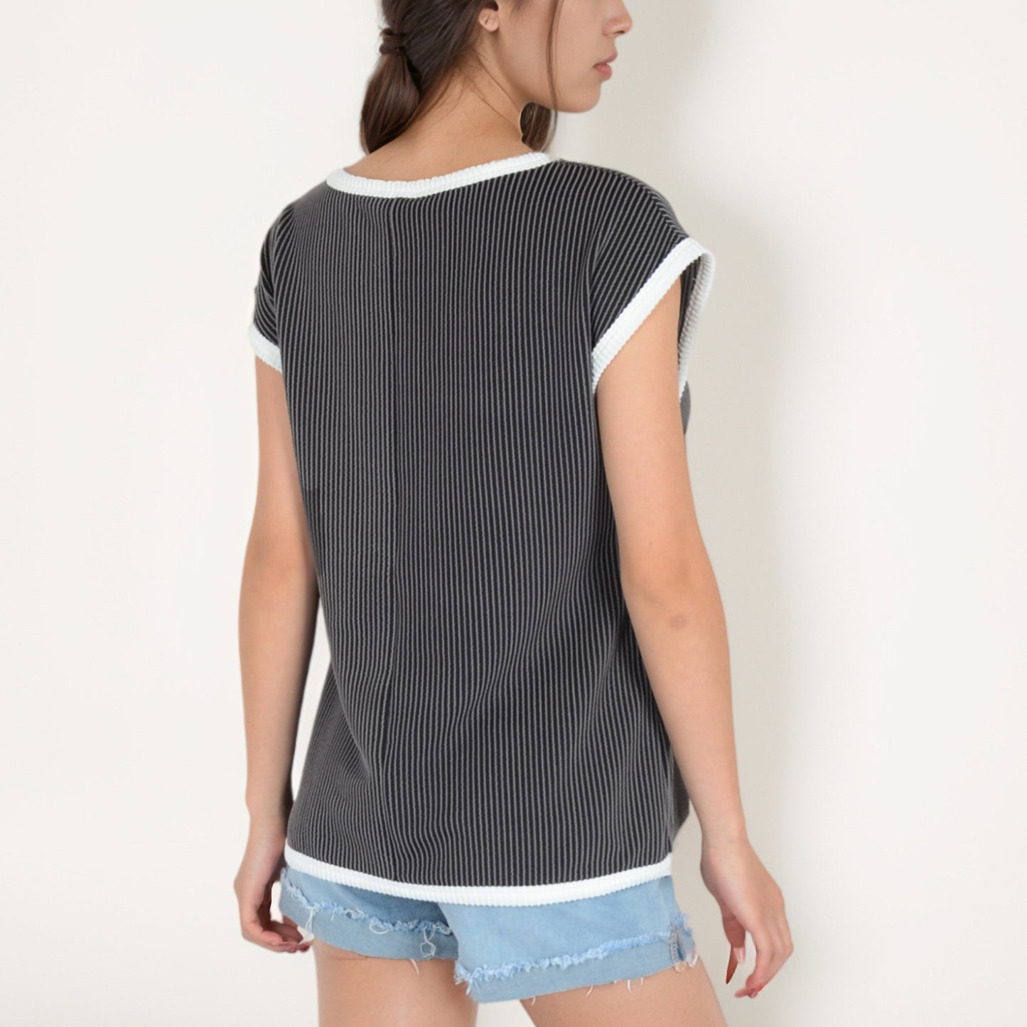 Anna-Kaci Women's Sleeveless Striped Knit Top with Contrast Trim and Chest Pocket Detail