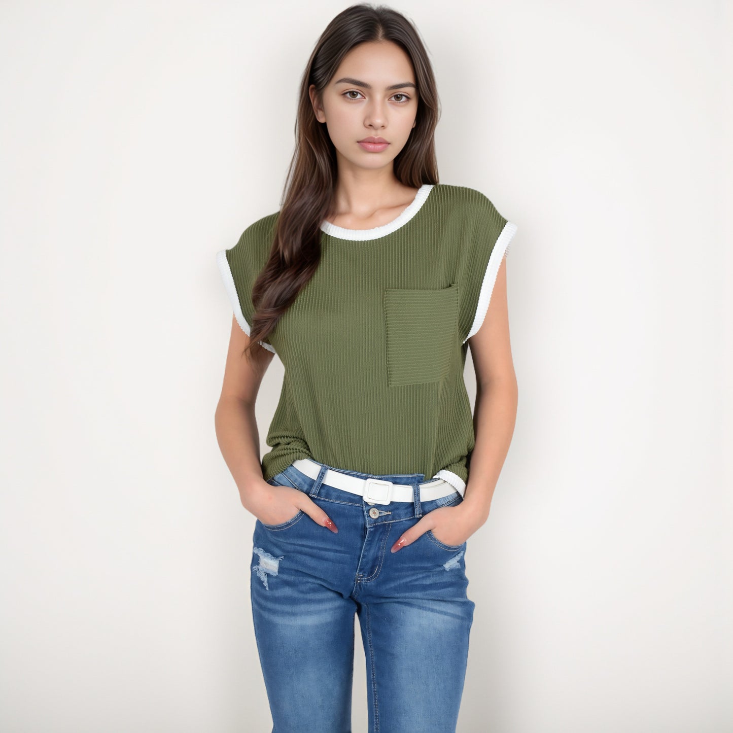 Anna-Kaci Women's Sleeveless Striped Knit Top with Contrast Trim and Chest Pocket Detail