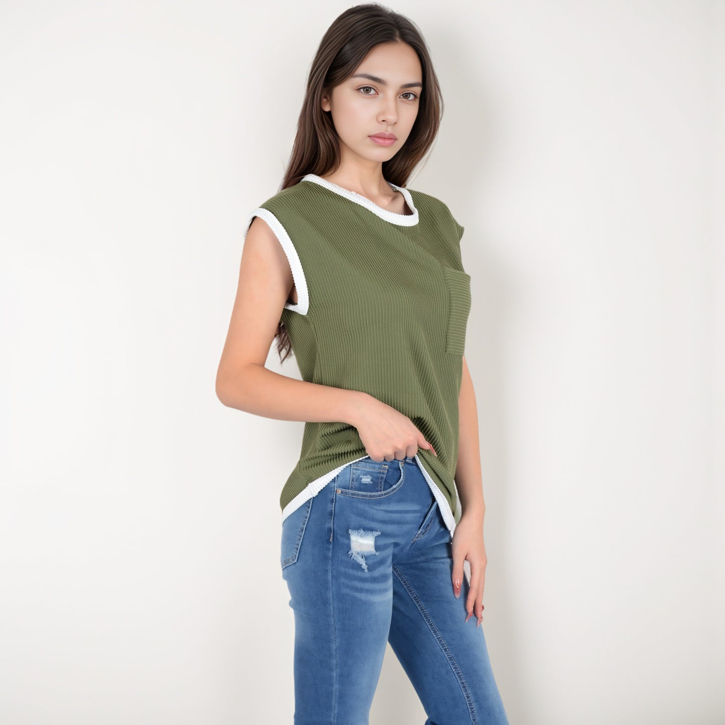 Anna-Kaci Women's Sleeveless Striped Knit Top with Contrast Trim and Chest Pocket Detail