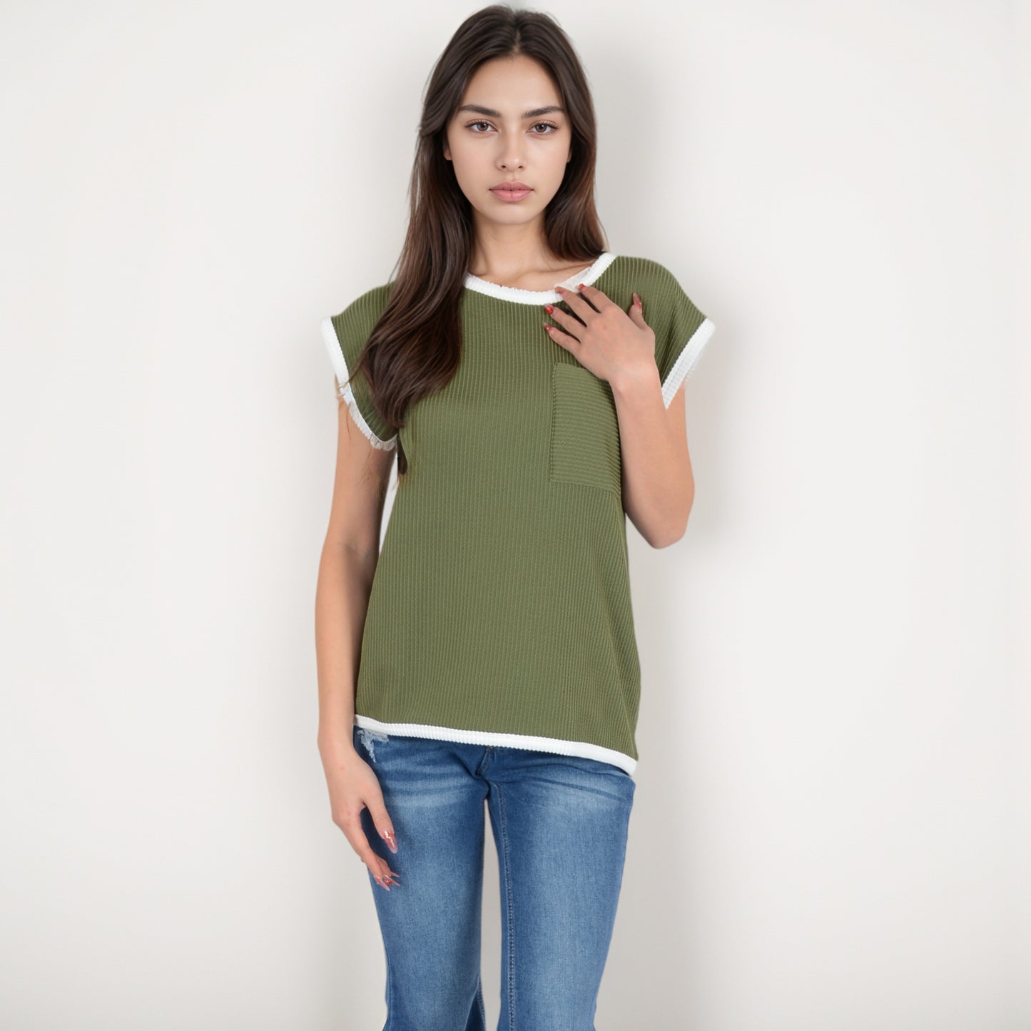 Anna-Kaci Women's Sleeveless Striped Knit Top with Contrast Trim and Chest Pocket Detail