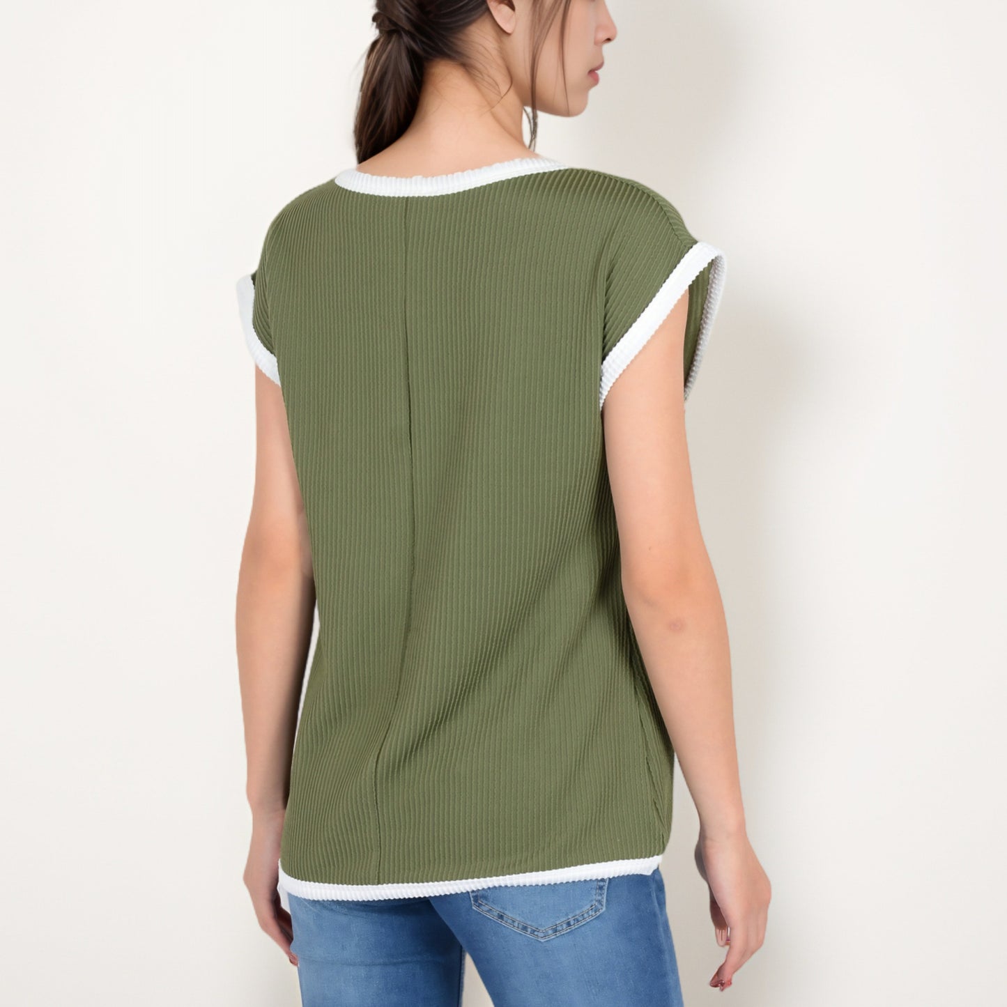 Anna-Kaci Women's Sleeveless Striped Knit Top with Contrast Trim and Chest Pocket Detail