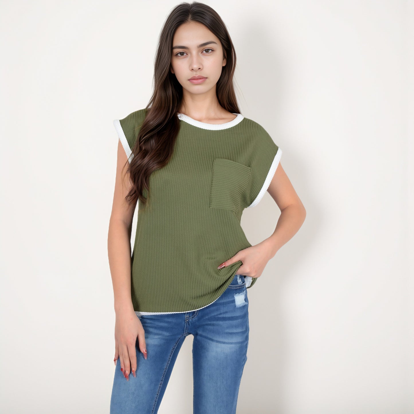 Anna-Kaci Women's Sleeveless Striped Knit Top with Contrast Trim and Chest Pocket Detail
