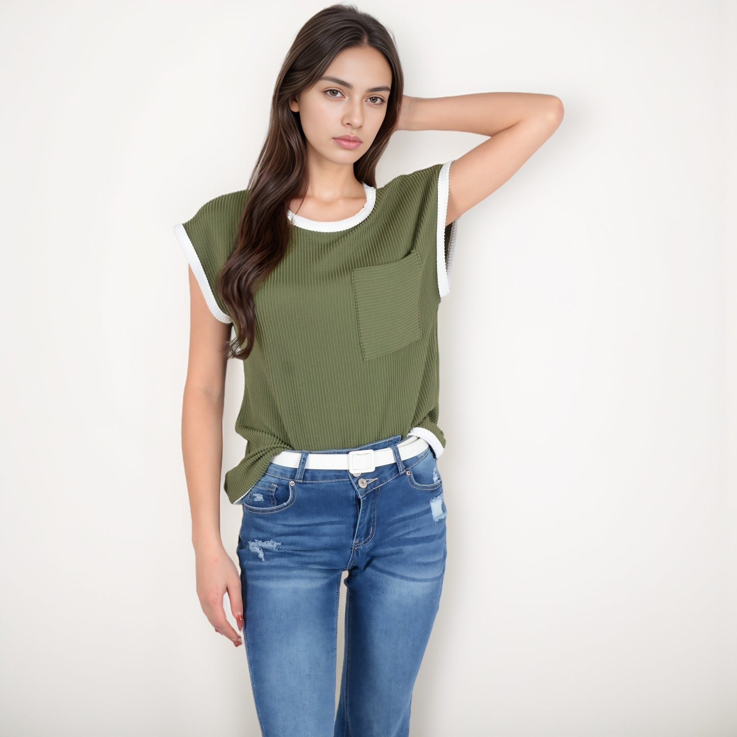 Anna-Kaci Women's Sleeveless Striped Knit Top with Contrast Trim and Chest Pocket Detail