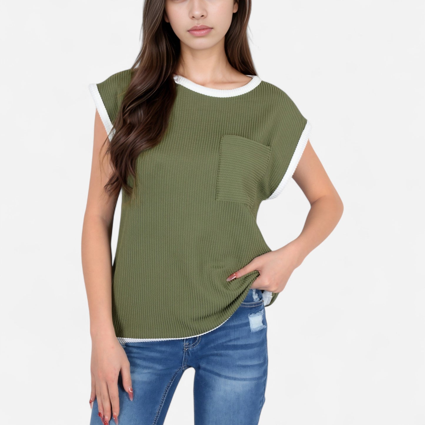 Anna-Kaci Women's Sleeveless Striped Knit Top with Contrast Trim and Chest Pocket Detail