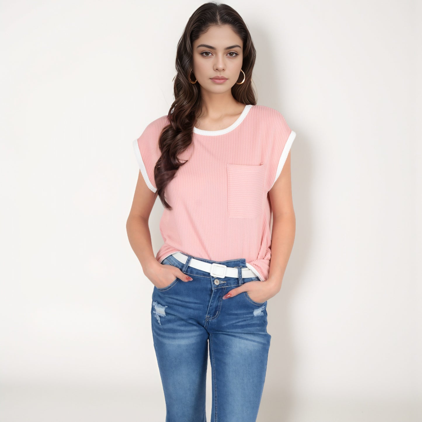 Anna-Kaci Women's Sleeveless Striped Knit Top with Contrast Trim and Chest Pocket Detail