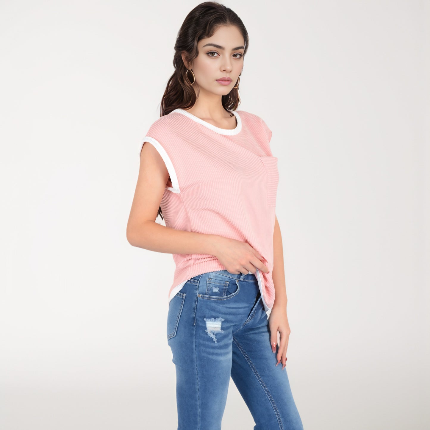 Anna-Kaci Women's Sleeveless Striped Knit Top with Contrast Trim and Chest Pocket Detail