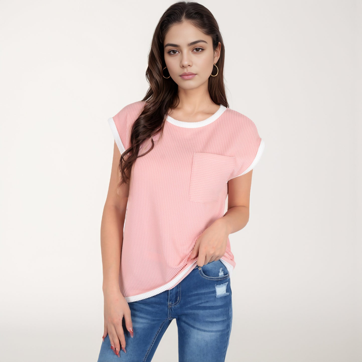 Anna-Kaci Women's Sleeveless Striped Knit Top with Contrast Trim and Chest Pocket Detail
