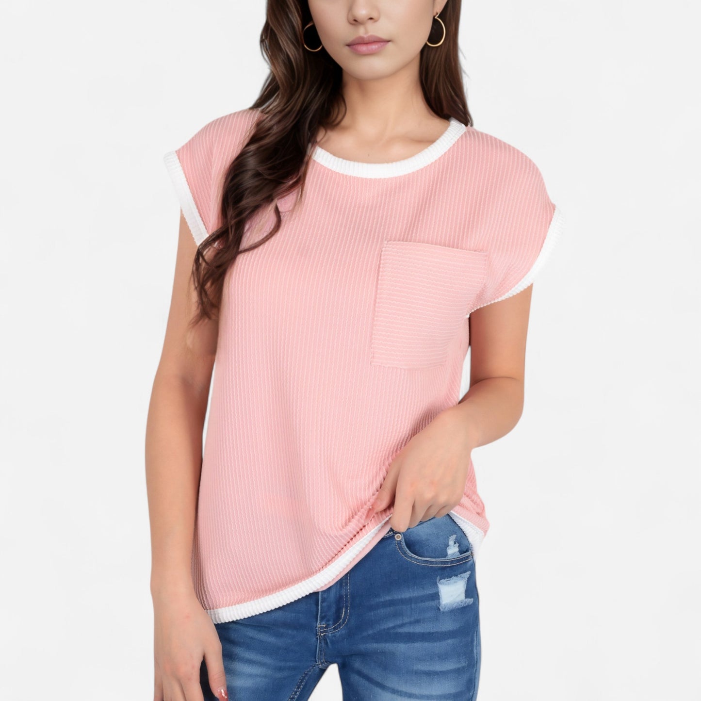 Anna-Kaci Women's Sleeveless Striped Knit Top with Contrast Trim and Chest Pocket Detail