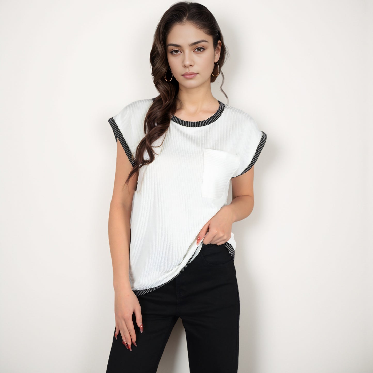 Anna-Kaci Women's Sleeveless Striped Knit Top with Contrast Trim and Chest Pocket Detail