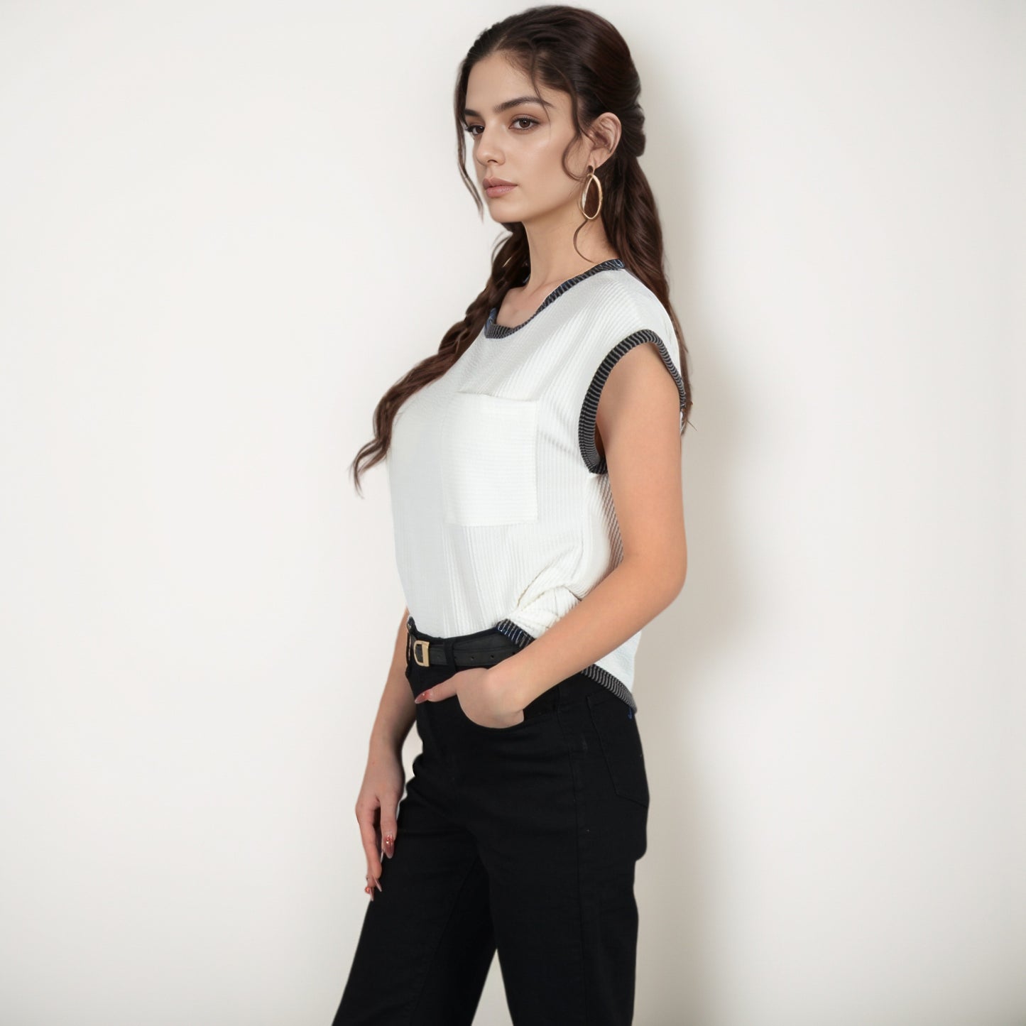 Anna-Kaci Women's Sleeveless Striped Knit Top with Contrast Trim and Chest Pocket Detail