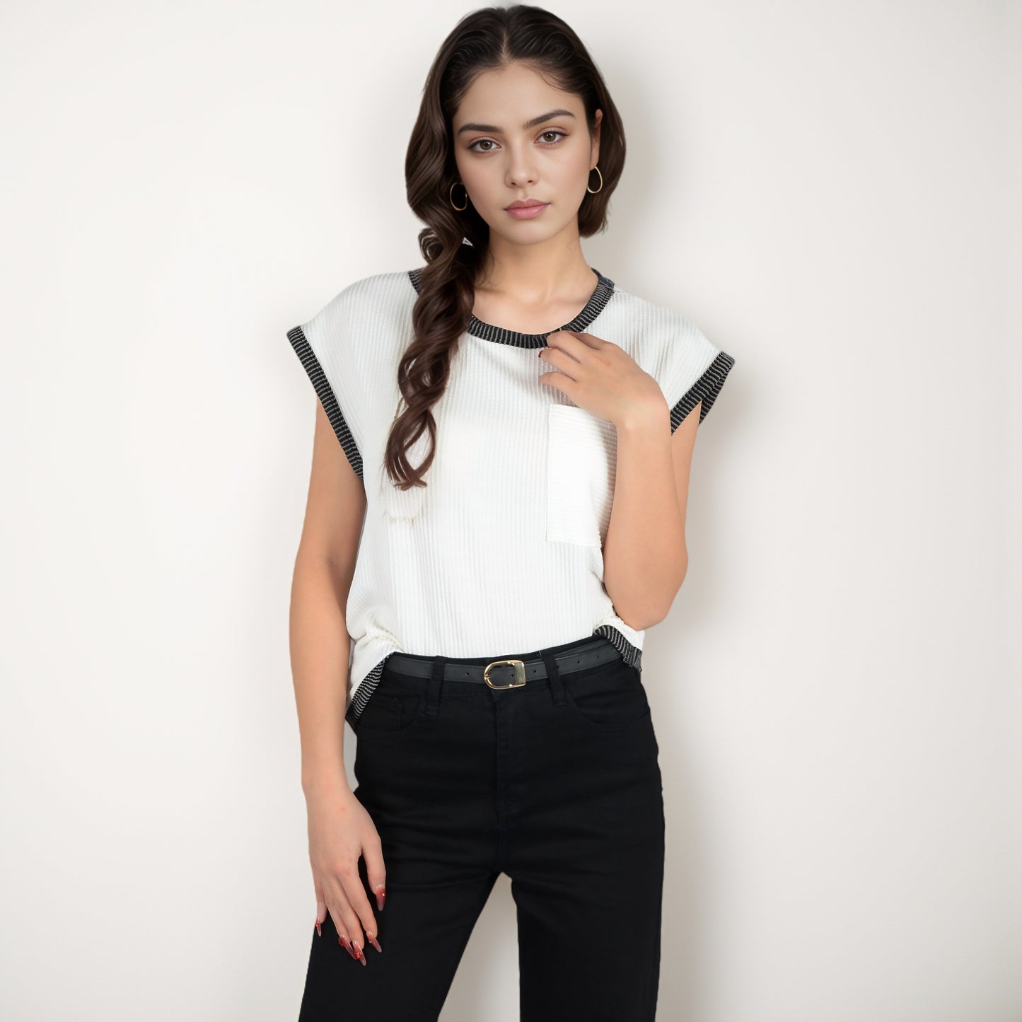 Anna-Kaci Women's Sleeveless Striped Knit Top with Contrast Trim and Chest Pocket Detail