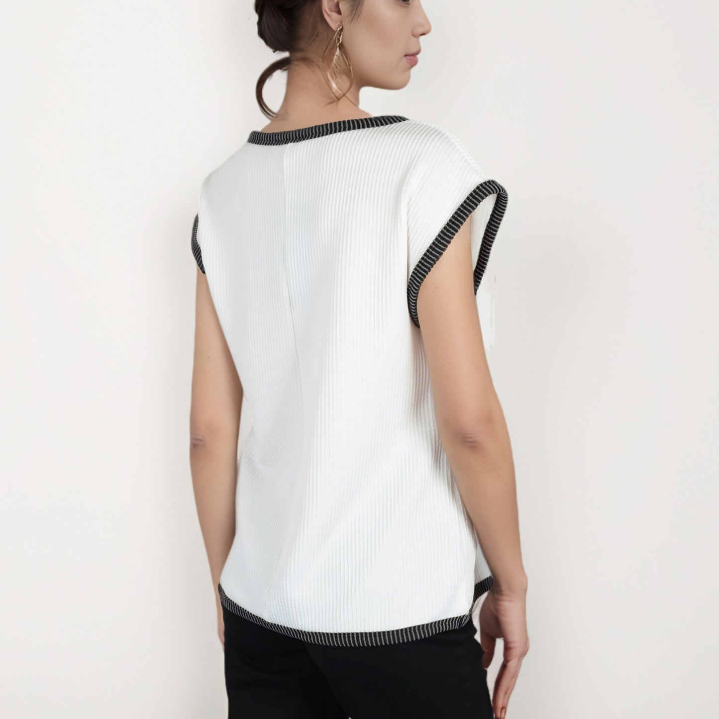 Anna-Kaci Women's Sleeveless Striped Knit Top with Contrast Trim and Chest Pocket Detail