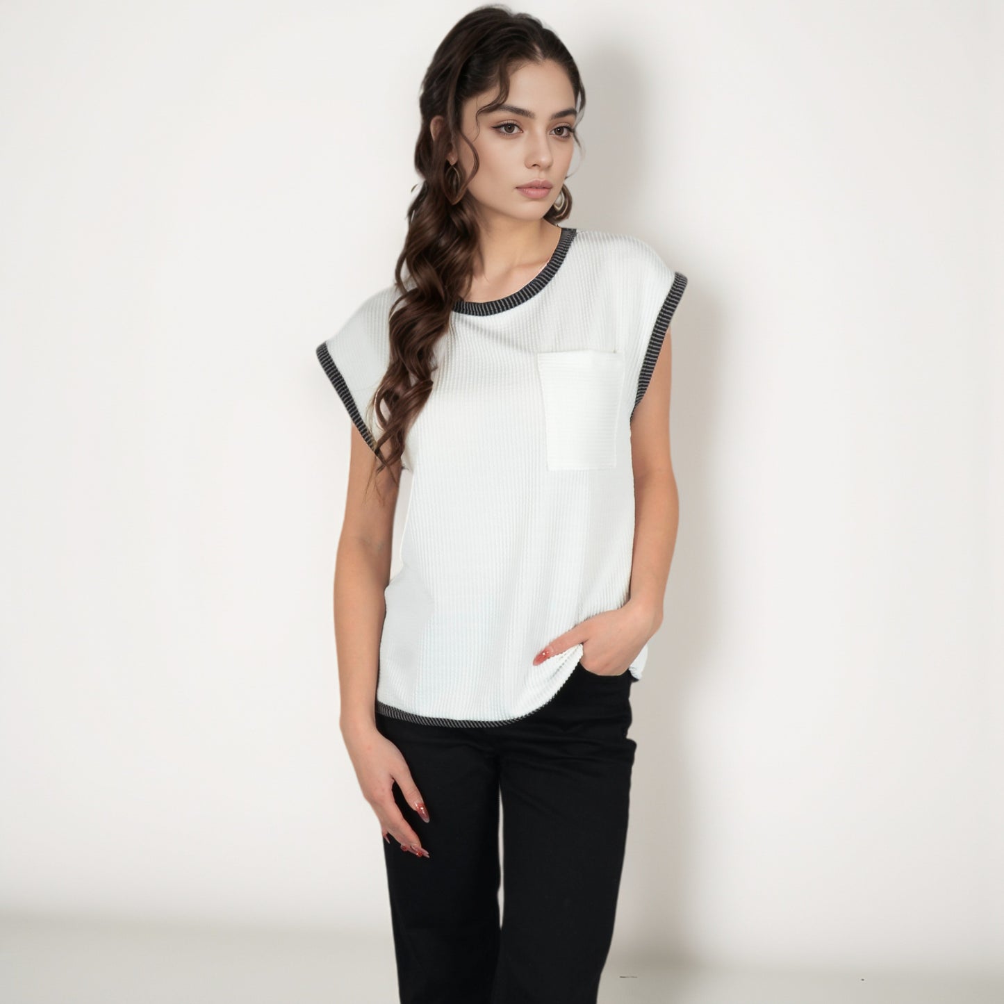 Anna-Kaci Women's Sleeveless Striped Knit Top with Contrast Trim and Chest Pocket Detail