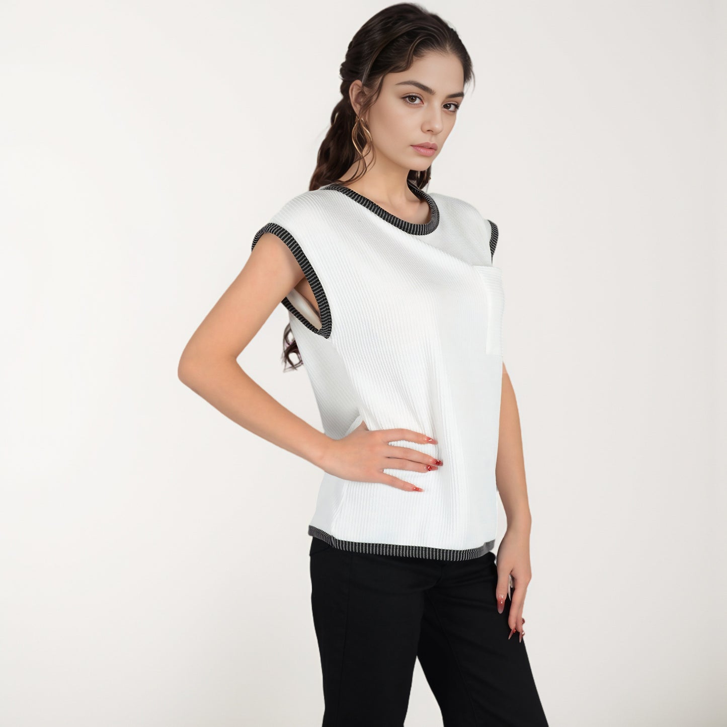 Anna-Kaci Women's Sleeveless Striped Knit Top with Contrast Trim and Chest Pocket Detail