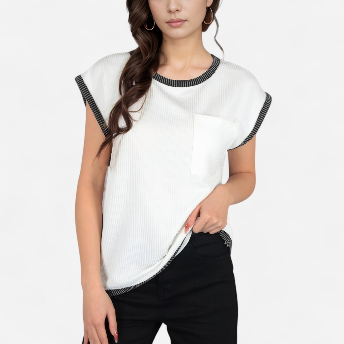 Anna-Kaci Women's Sleeveless Striped Knit Top with Contrast Trim and Chest Pocket Detail