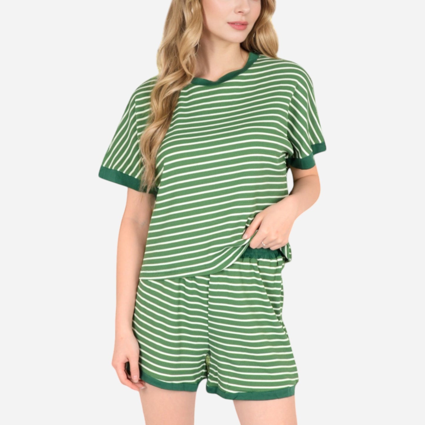 Anna-Kaci Lounge Women's Striped Lounge Set with Cuffed Short Sleeve Top and Elastic Waist Shorts