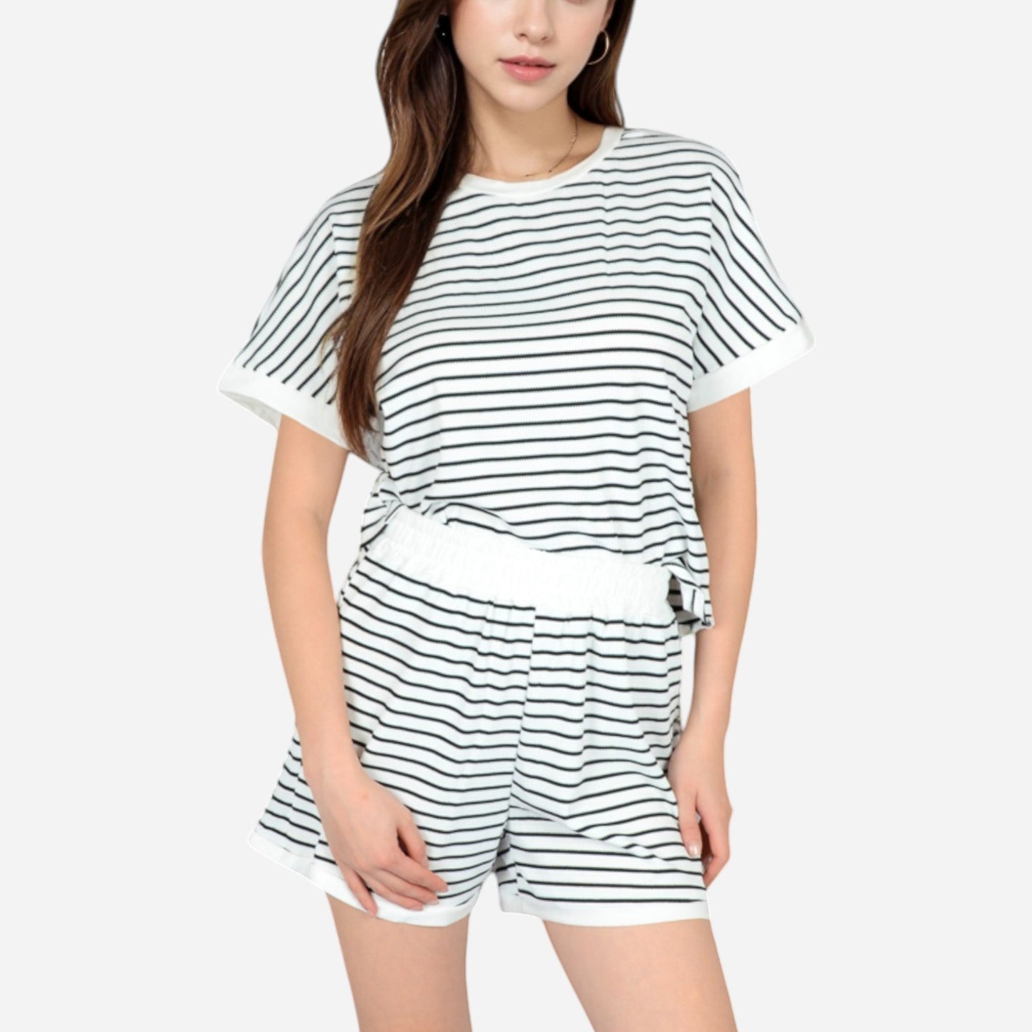 Anna-Kaci Lounge Women's Striped Lounge Set with Cuffed Short Sleeve Top and Elastic Waist Shorts