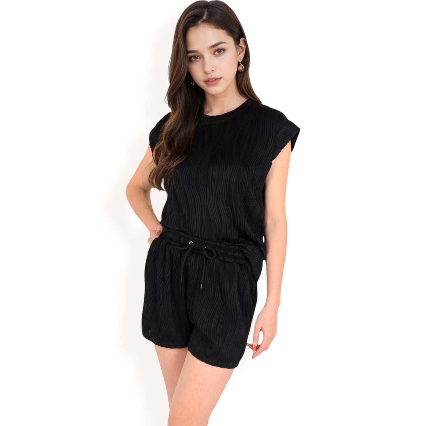 Anna-Kaci Women's Sleeveless Two-Piece Lounge Set with Rolled Hem Shorts