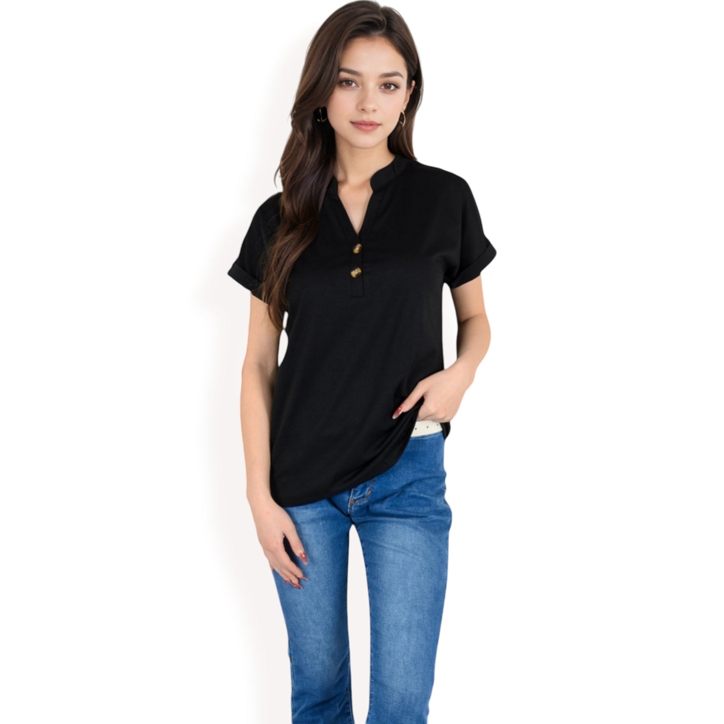 Anna-Kaci Women's Short Sleeve Button Front V-Neck Shirt