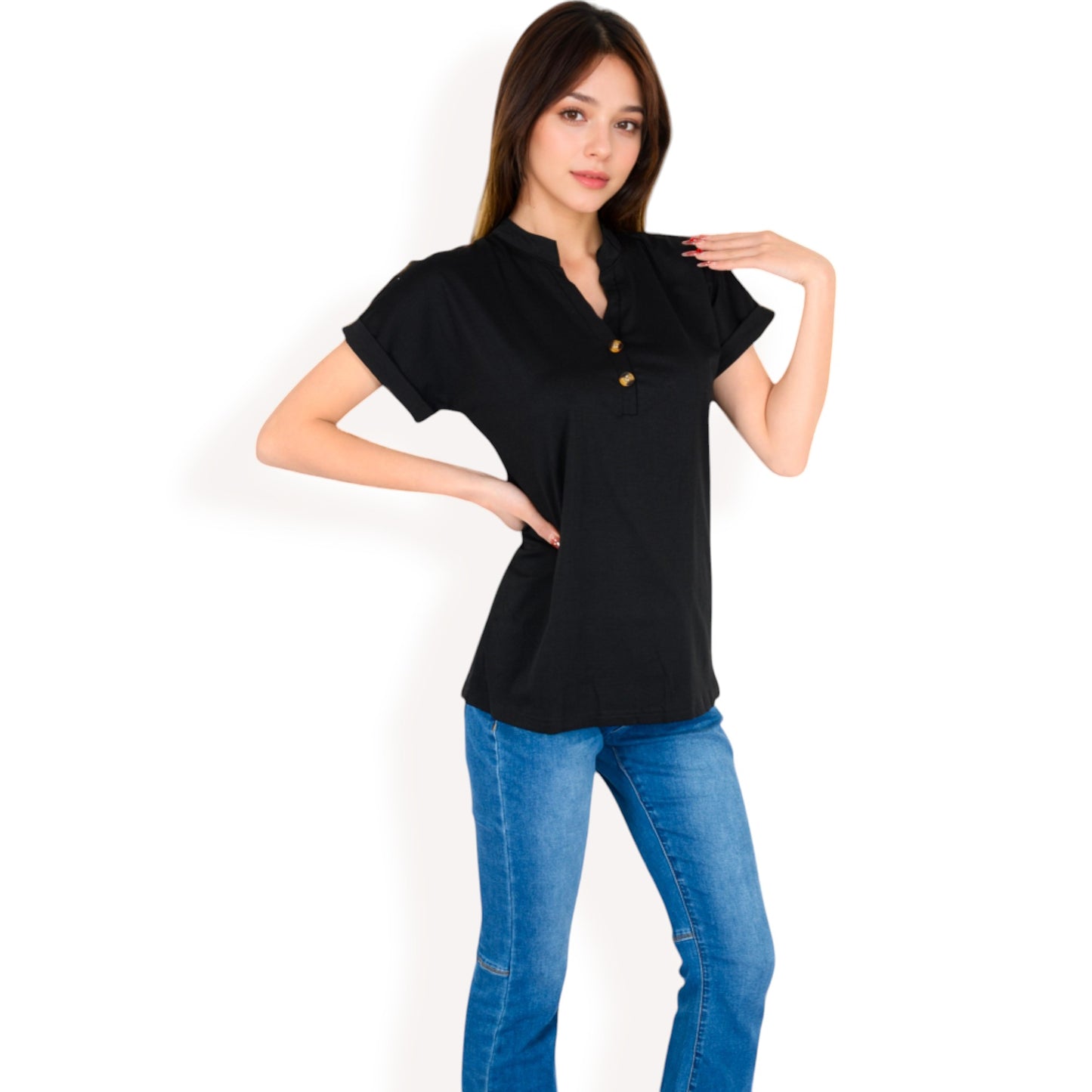 Anna-Kaci Women's Short Sleeve Button Front V-Neck Shirt