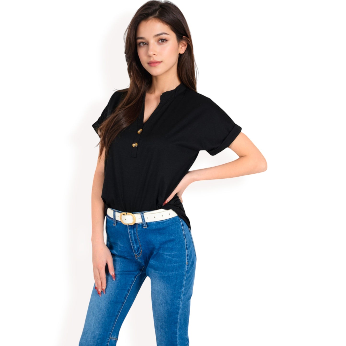 Anna-Kaci Women's Short Sleeve Button Front V-Neck Shirt