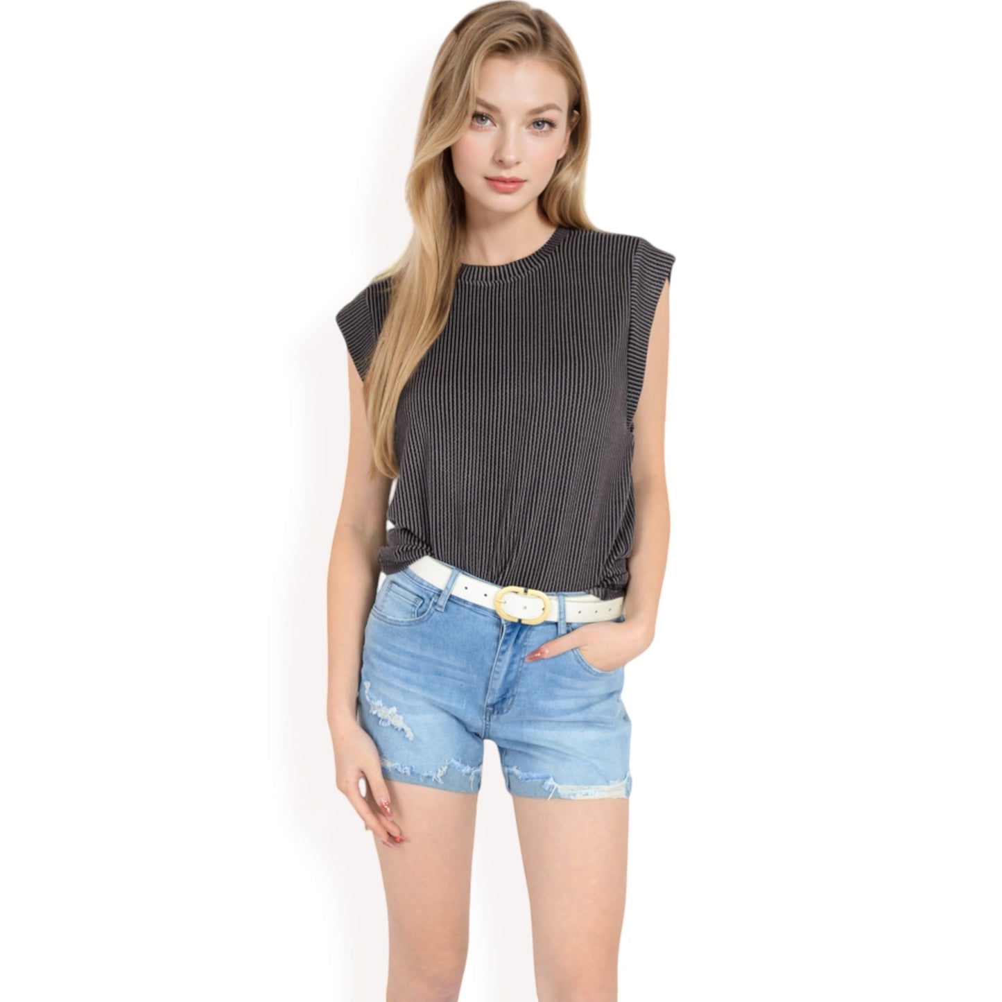 Anna-Kaci Women's Ribbed Knit Sleeveless Top with Shoulder Detail