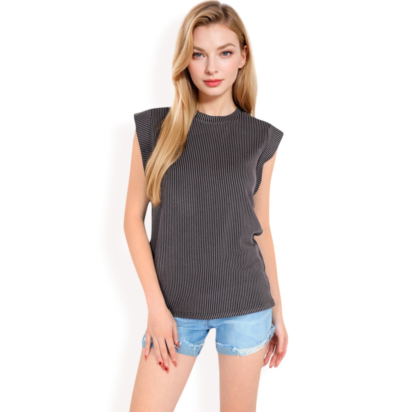 Anna-Kaci Women's Ribbed Knit Sleeveless Top with Shoulder Detail