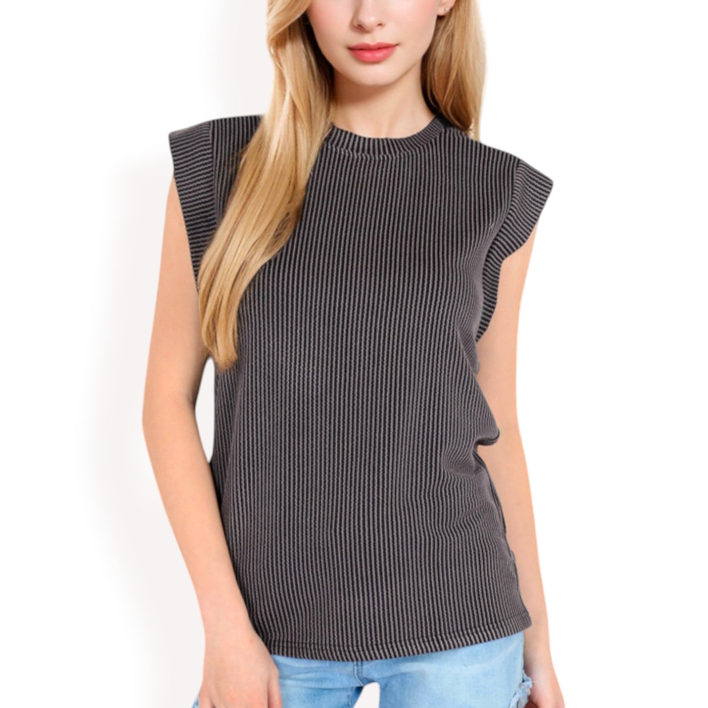 Anna-Kaci Women's Ribbed Knit Sleeveless Top with Shoulder Detail